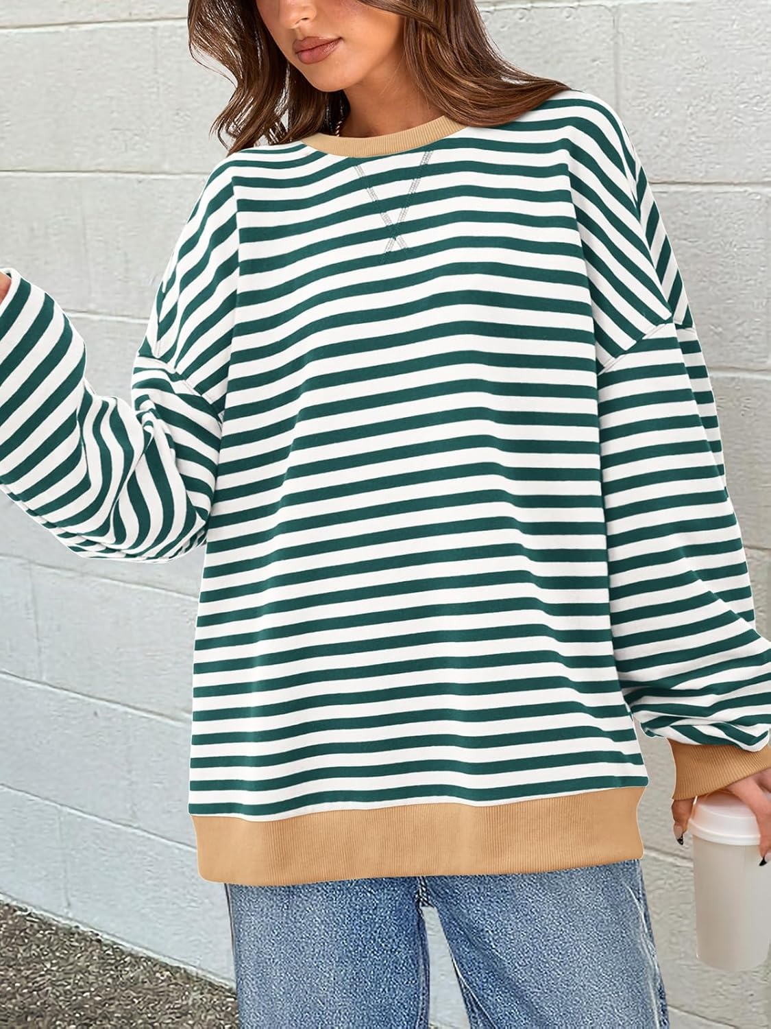 image:imagePRETTYGARDEN Womens Striped Oversized Sweatshirt Lightweight Fall Clothes Stitching Crew Neck Sweatshirts Women Long Sleeve Casual Loose Pullover Top Color Block Y2K Outfits Fashion ClothingGreen White