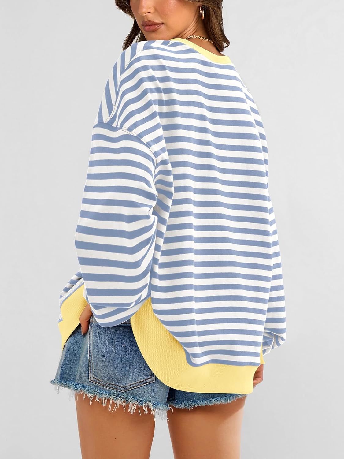 image:imagePRETTYGARDEN Womens Striped Oversized Sweatshirt Lightweight Fall Clothes Stitching Crew Neck Sweatshirts Women Long Sleeve Casual Loose Pullover Top Color Block Y2K Outfits Fashion ClothingBlue Beige