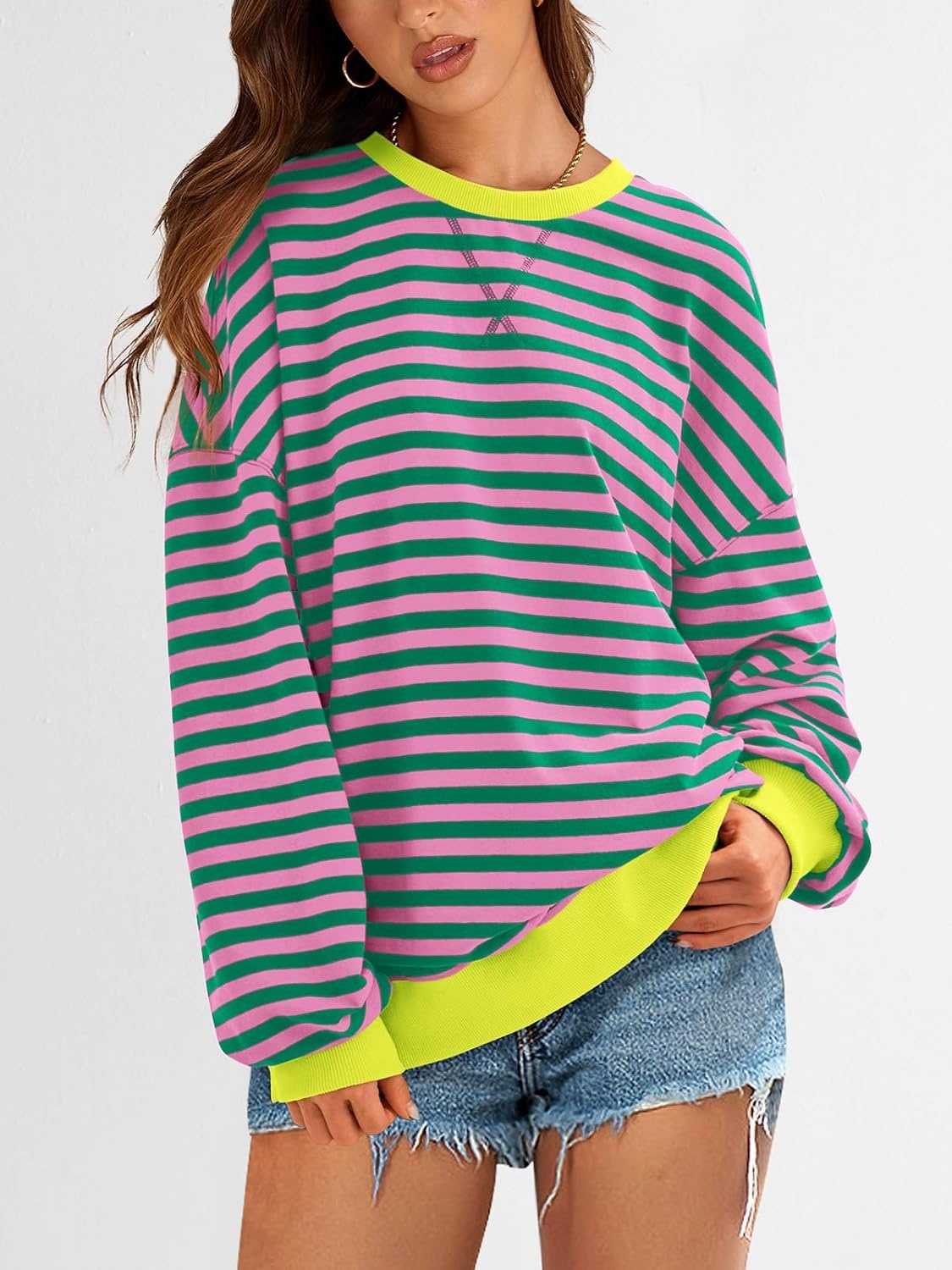 image:imagePRETTYGARDEN Womens Striped Oversized Sweatshirt Lightweight Fall Clothes Stitching Crew Neck Sweatshirts Women Long Sleeve Casual Loose Pullover Top Color Block Y2K Outfits Fashion ClothingPink Green