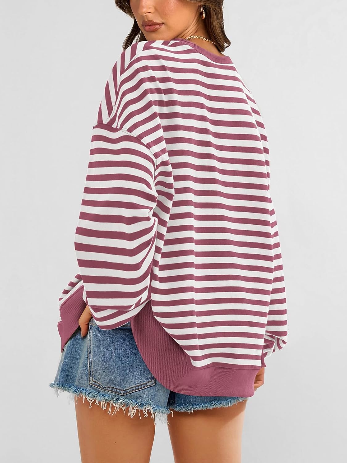 image:imagePRETTYGARDEN Womens Striped Oversized Sweatshirt Lightweight Fall Clothes Stitching Crew Neck Sweatshirts Women Long Sleeve Casual Loose Pullover Top Color Block Y2K Outfits Fashion ClothingBean Paste Red White