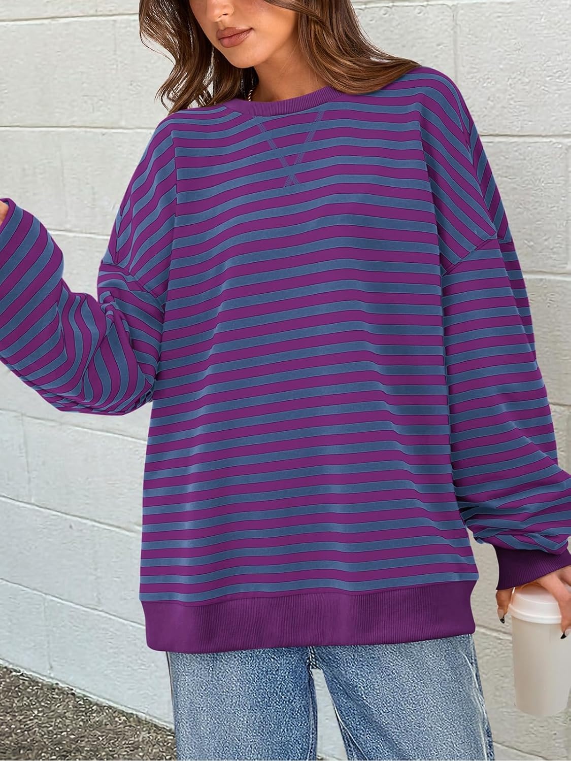 image:imagePRETTYGARDEN Womens Striped Oversized Sweatshirt Lightweight Fall Clothes Stitching Crew Neck Sweatshirts Women Long Sleeve Casual Loose Pullover Top Color Block Y2K Outfits Fashion ClothingBlue Purple
