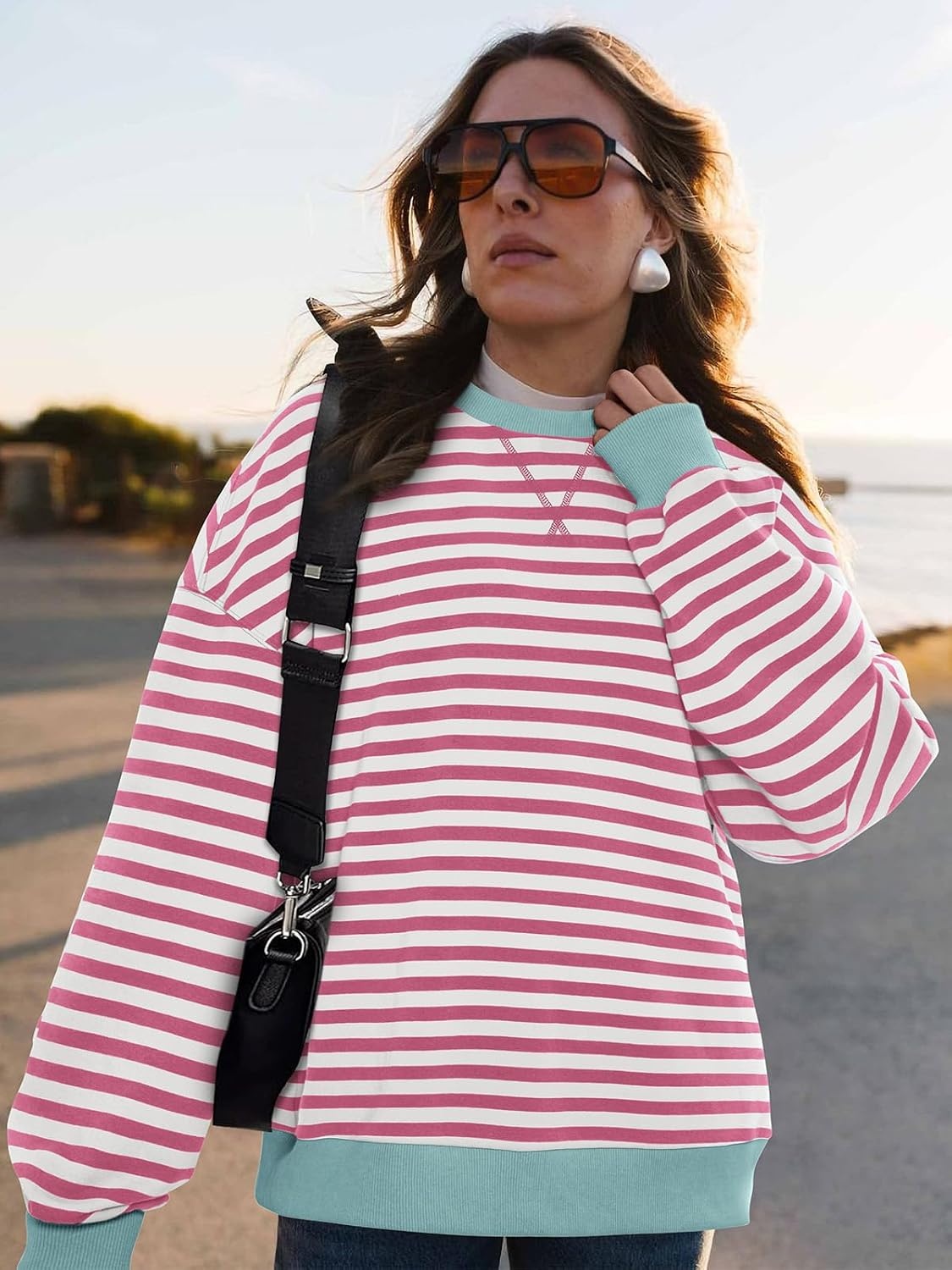 image:imagePRETTYGARDEN Womens Striped Oversized Sweatshirt Lightweight Fall Clothes Stitching Crew Neck Sweatshirts Women Long Sleeve Casual Loose Pullover Top Color Block Y2K Outfits Fashion ClothingPink White