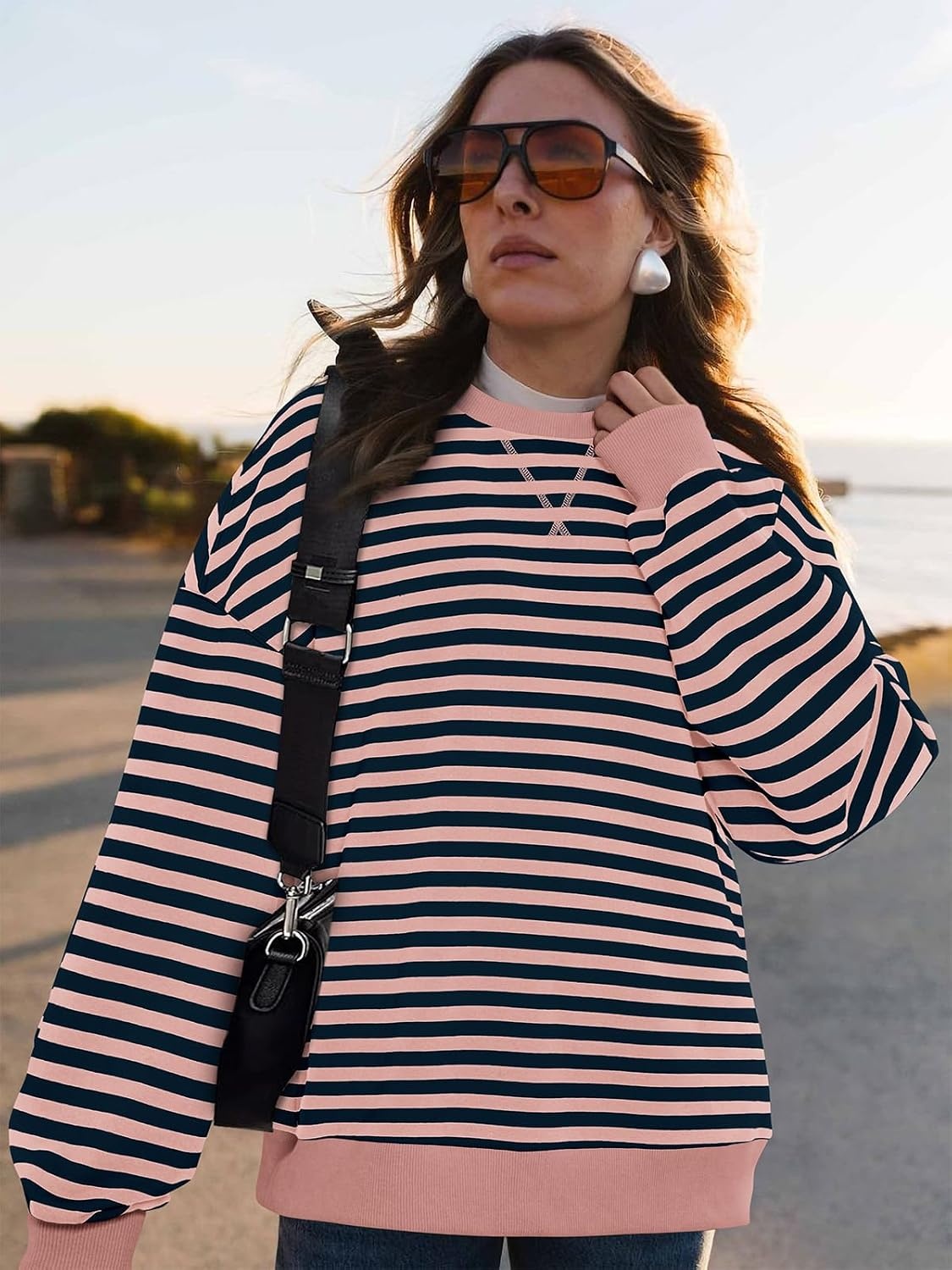 image:imagePRETTYGARDEN Womens Striped Oversized Sweatshirt Lightweight Fall Clothes Stitching Crew Neck Sweatshirts Women Long Sleeve Casual Loose Pullover Top Color Block Y2K Outfits Fashion ClothingPink Navy