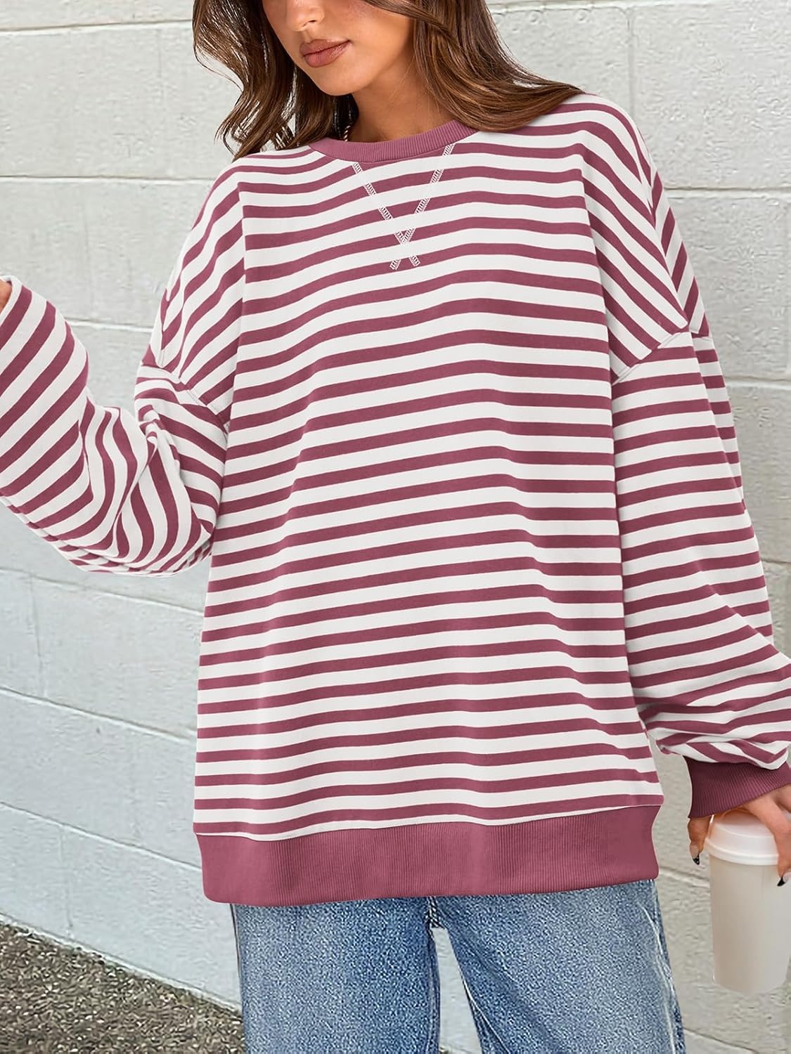 image:imagePRETTYGARDEN Womens Striped Oversized Sweatshirt Lightweight Fall Clothes Stitching Crew Neck Sweatshirts Women Long Sleeve Casual Loose Pullover Top Color Block Y2K Outfits Fashion ClothingBean Paste Red White