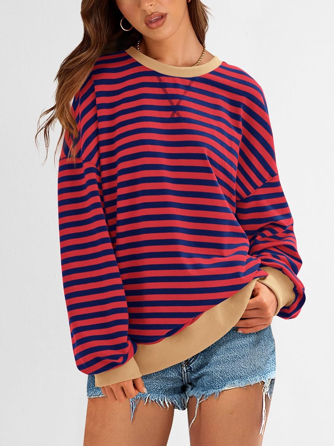 image:imagePRETTYGARDEN Womens Striped Oversized Sweatshirt Lightweight Fall Clothes Stitching Crew Neck Sweatshirts Women Long Sleeve Casual Loose Pullover Top Color Block Y2K Outfits Fashion ClothingRed Navy