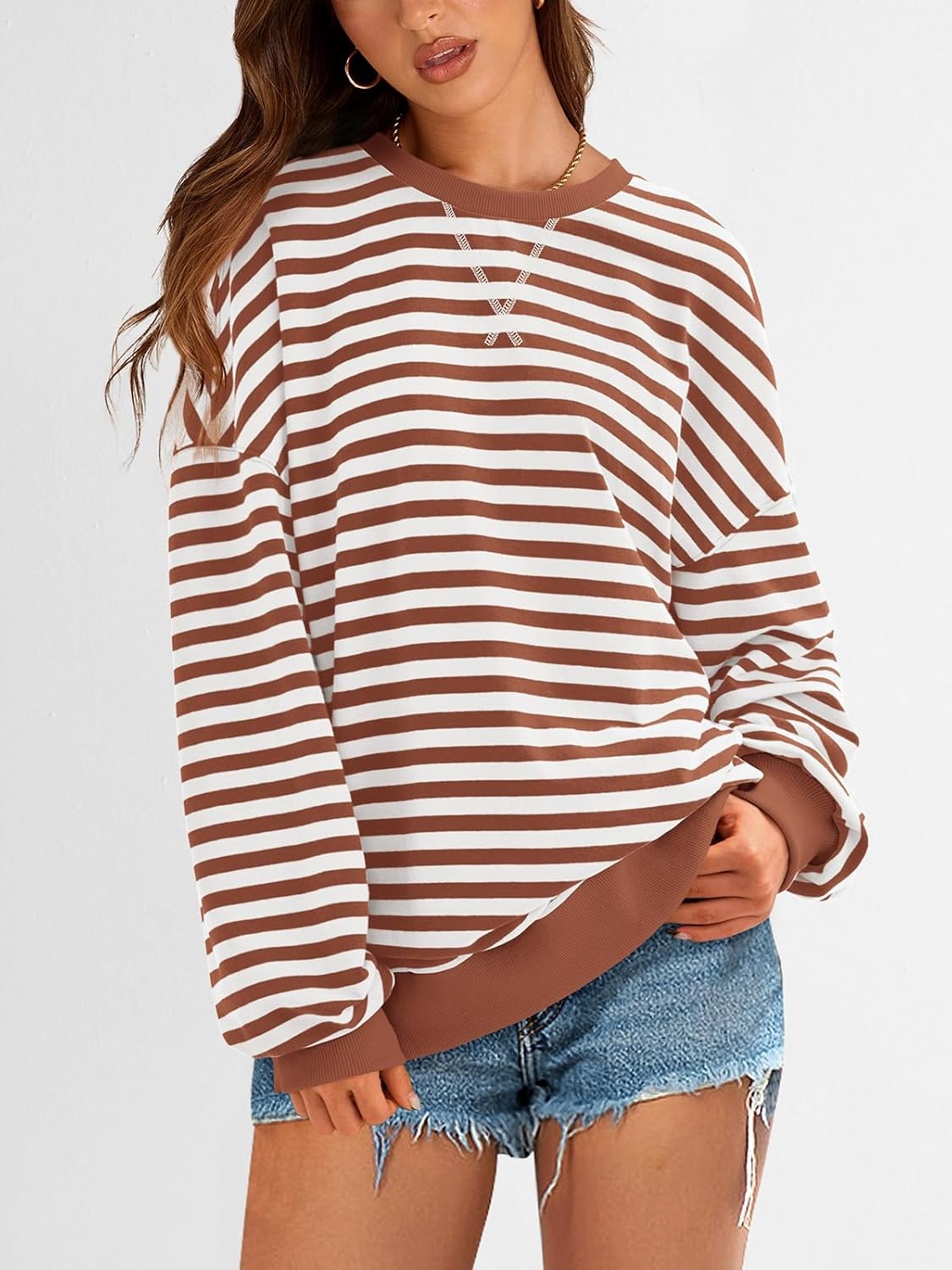 image:imagePRETTYGARDEN Womens Striped Oversized Sweatshirt Lightweight Fall Clothes Stitching Crew Neck Sweatshirts Women Long Sleeve Casual Loose Pullover Top Color Block Y2K Outfits Fashion ClothingBrick Red White