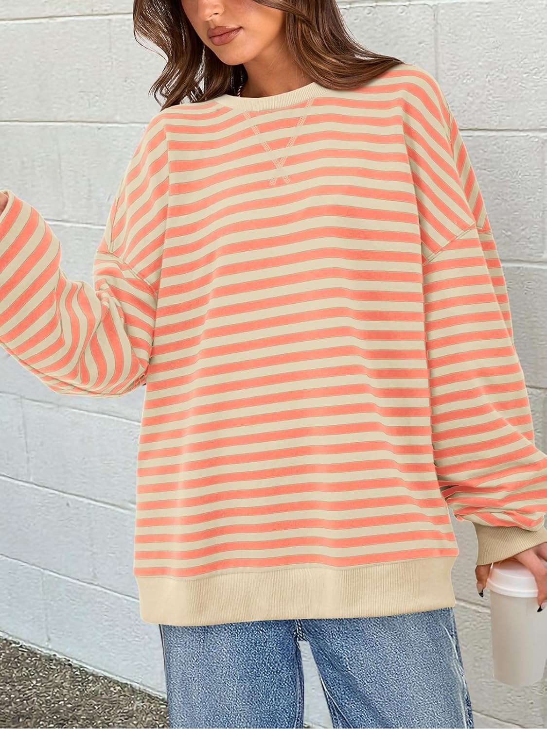 image:imagePRETTYGARDEN Womens Striped Oversized Sweatshirt Lightweight Fall Clothes Stitching Crew Neck Sweatshirts Women Long Sleeve Casual Loose Pullover Top Color Block Y2K Outfits Fashion ClothingApricot Orange
