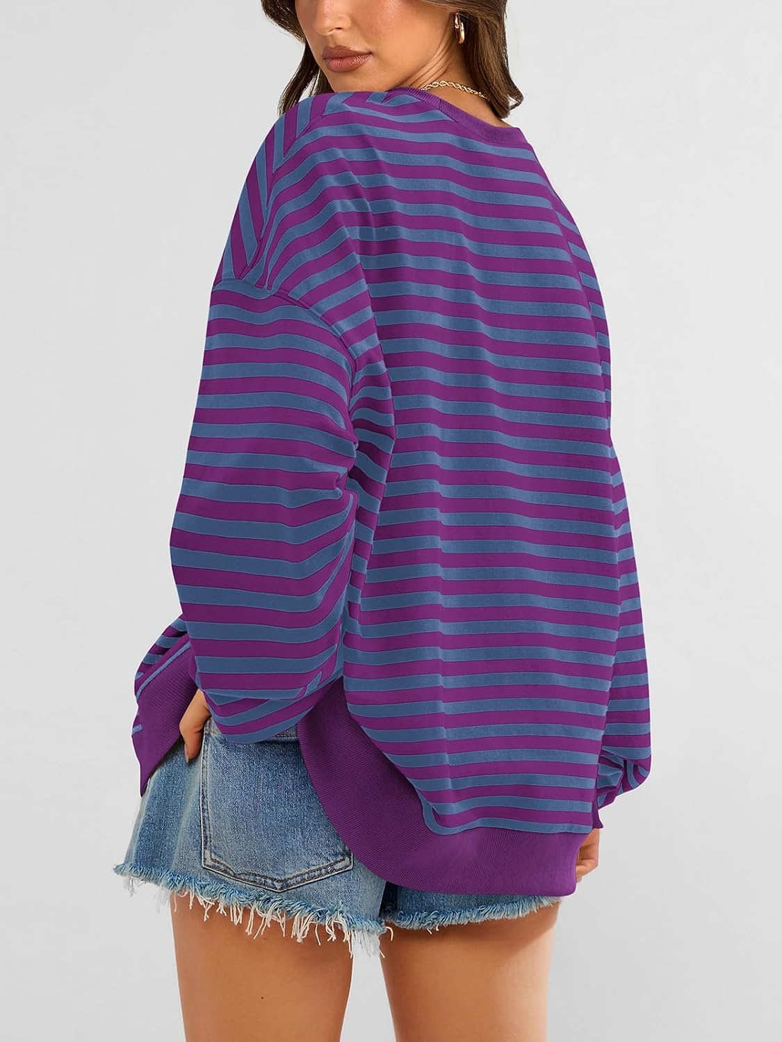 image:imagePRETTYGARDEN Womens Striped Oversized Sweatshirt Lightweight Fall Clothes Stitching Crew Neck Sweatshirts Women Long Sleeve Casual Loose Pullover Top Color Block Y2K Outfits Fashion ClothingBlue Purple