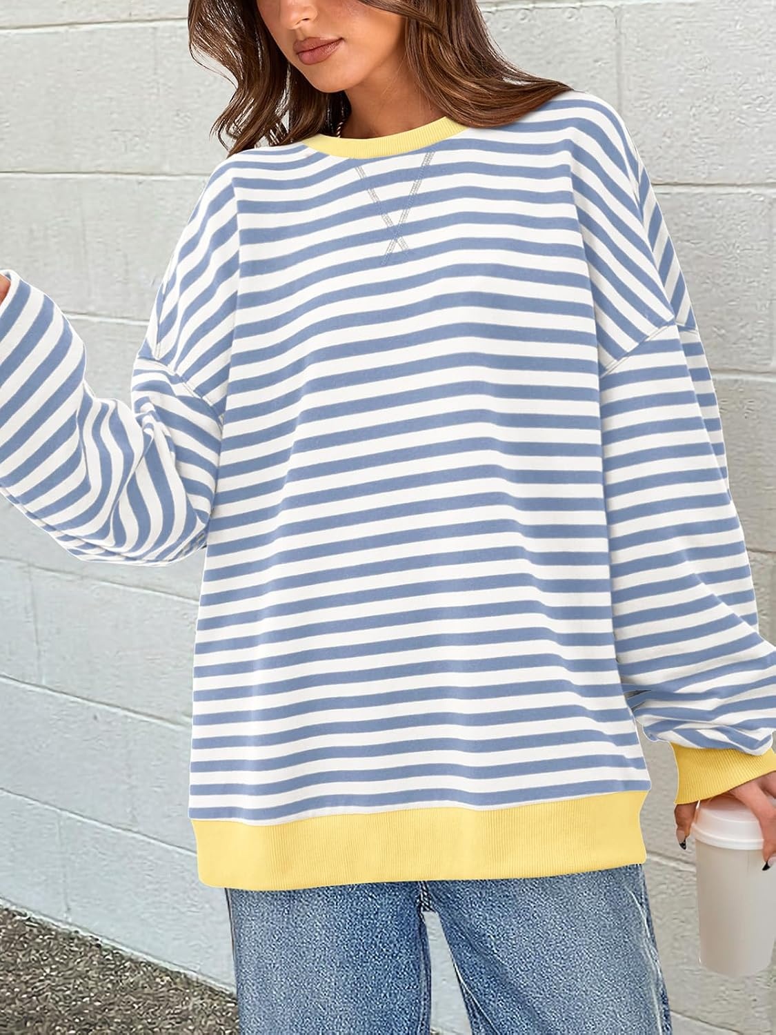 image:imagePRETTYGARDEN Womens Striped Oversized Sweatshirt Lightweight Fall Clothes Stitching Crew Neck Sweatshirts Women Long Sleeve Casual Loose Pullover Top Color Block Y2K Outfits Fashion ClothingBlue Beige