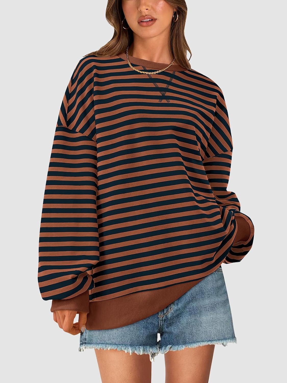 image:imagePRETTYGARDEN Womens Striped Oversized Sweatshirt Lightweight Fall Clothes Stitching Crew Neck Sweatshirts Women Long Sleeve Casual Loose Pullover Top Color Block Y2K Outfits Fashion ClothingBrown Navy