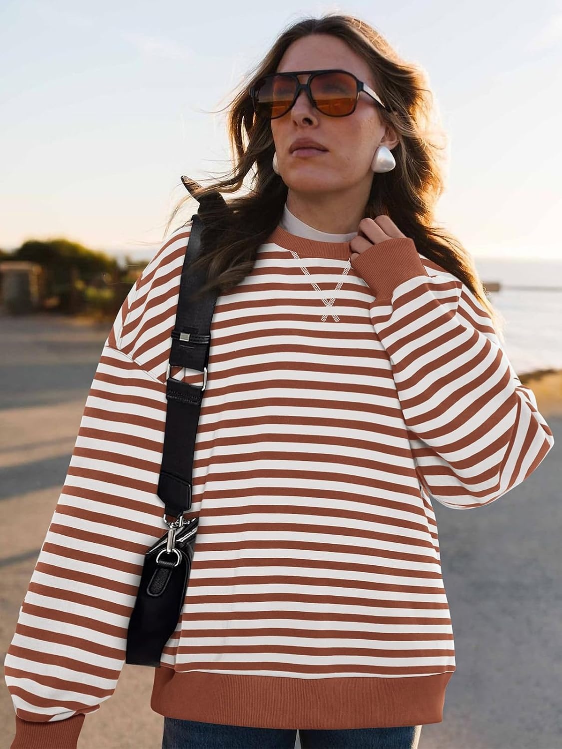 image:imagePRETTYGARDEN Womens Striped Oversized Sweatshirt Lightweight Fall Clothes Stitching Crew Neck Sweatshirts Women Long Sleeve Casual Loose Pullover Top Color Block Y2K Outfits Fashion ClothingBrick Red White
