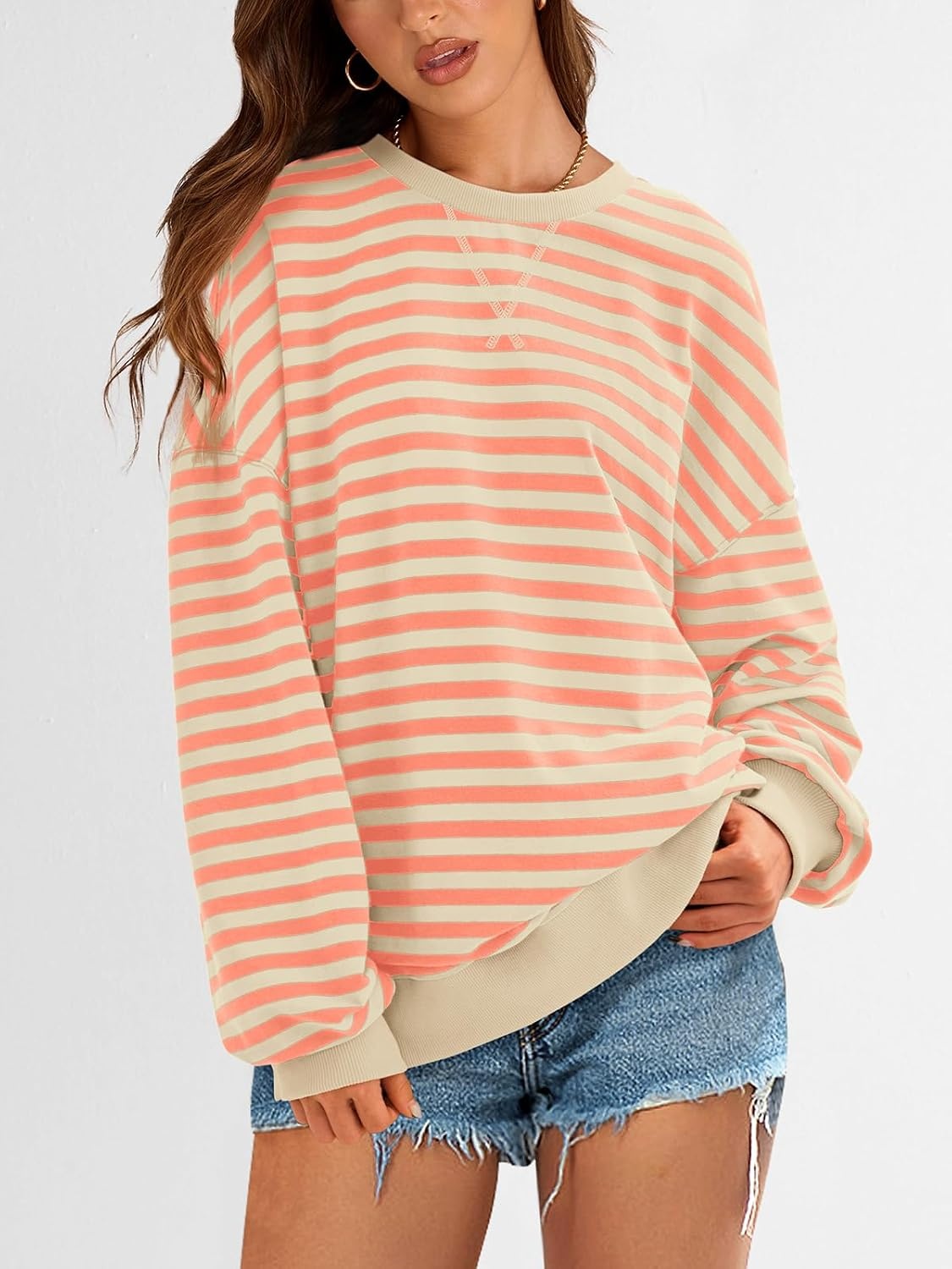 image:imagePRETTYGARDEN Womens Striped Oversized Sweatshirt Lightweight Fall Clothes Stitching Crew Neck Sweatshirts Women Long Sleeve Casual Loose Pullover Top Color Block Y2K Outfits Fashion ClothingApricot Orange