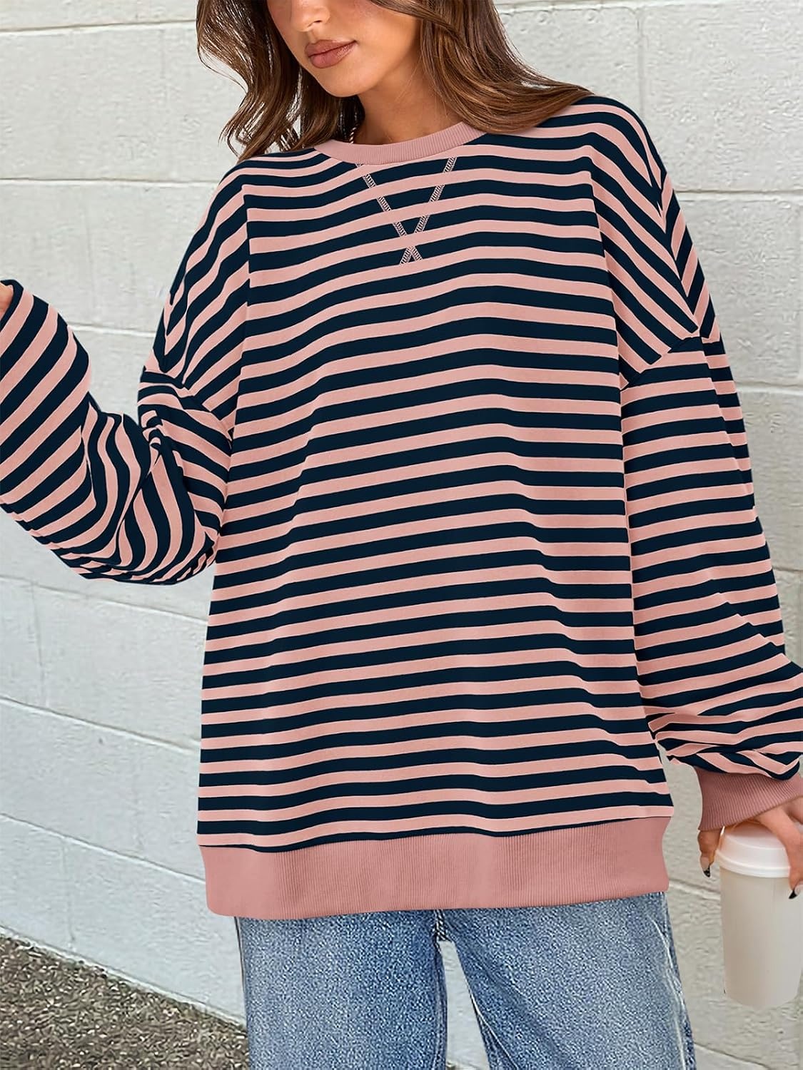 image:imagePRETTYGARDEN Womens Striped Oversized Sweatshirt Lightweight Fall Clothes Stitching Crew Neck Sweatshirts Women Long Sleeve Casual Loose Pullover Top Color Block Y2K Outfits Fashion ClothingPink Navy