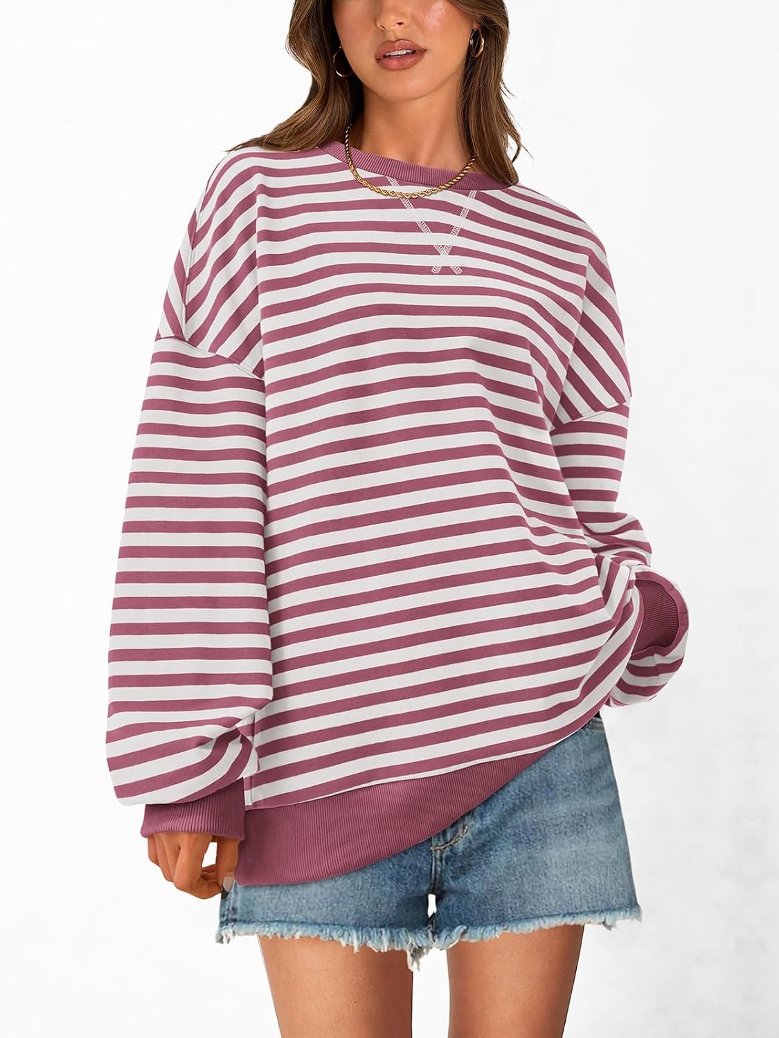 image:imagePRETTYGARDEN Womens Striped Oversized Sweatshirt Lightweight Fall Clothes Stitching Crew Neck Sweatshirts Women Long Sleeve Casual Loose Pullover Top Color Block Y2K Outfits Fashion ClothingBean Paste Red White