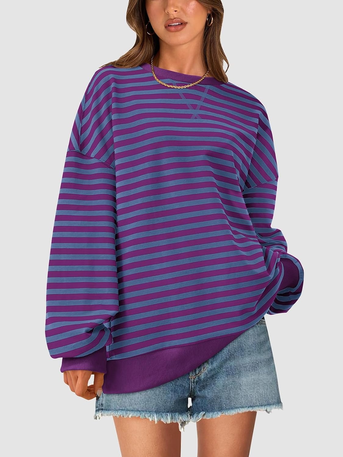 image:imagePRETTYGARDEN Womens Striped Oversized Sweatshirt Lightweight Fall Clothes Stitching Crew Neck Sweatshirts Women Long Sleeve Casual Loose Pullover Top Color Block Y2K Outfits Fashion ClothingBlue Purple