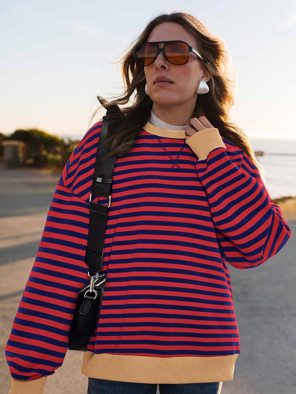 image:imagePRETTYGARDEN Womens Striped Oversized Sweatshirt Lightweight Fall Clothes Stitching Crew Neck Sweatshirts Women Long Sleeve Casual Loose Pullover Top Color Block Y2K Outfits Fashion ClothingRed Navy