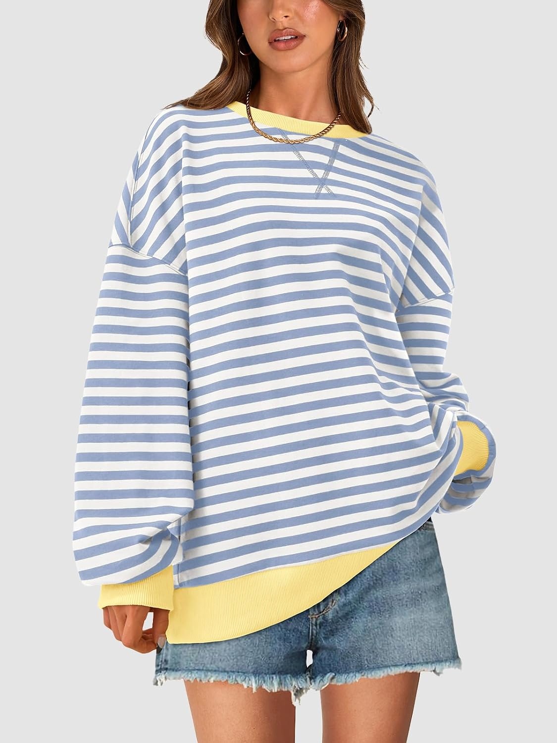 image:imagePRETTYGARDEN Womens Striped Oversized Sweatshirt Lightweight Fall Clothes Stitching Crew Neck Sweatshirts Women Long Sleeve Casual Loose Pullover Top Color Block Y2K Outfits Fashion ClothingBlue Beige