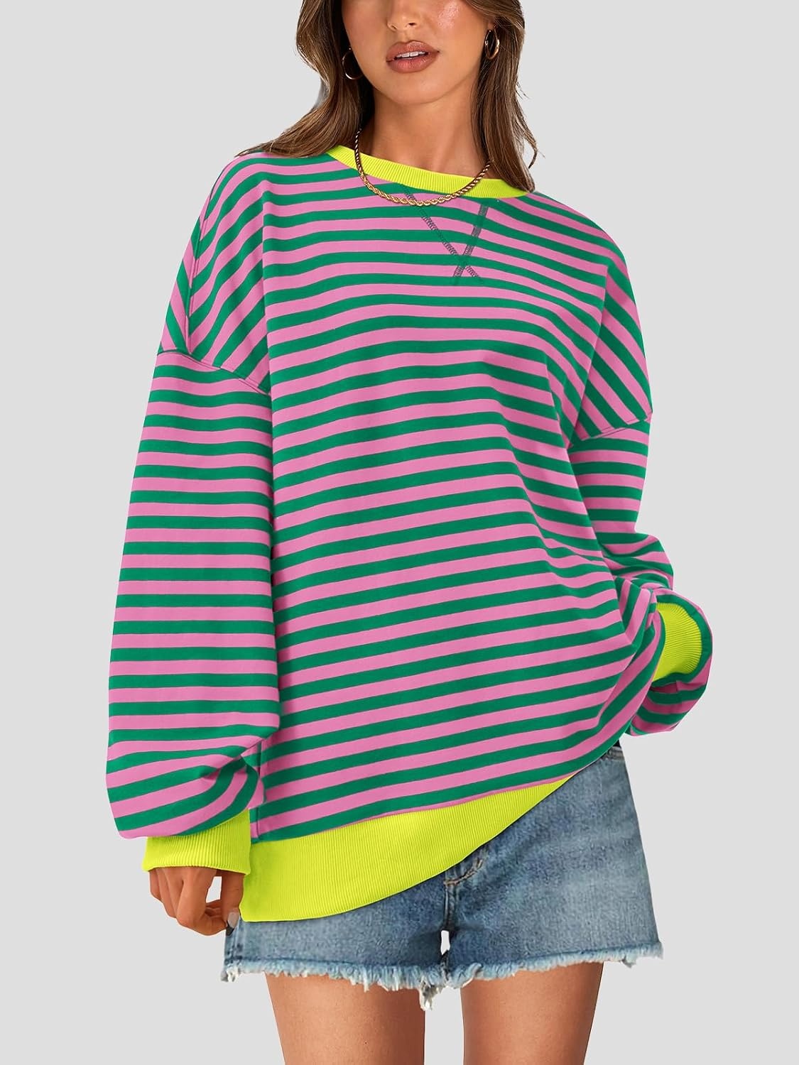 image:imagePRETTYGARDEN Womens Striped Oversized Sweatshirt Lightweight Fall Clothes Stitching Crew Neck Sweatshirts Women Long Sleeve Casual Loose Pullover Top Color Block Y2K Outfits Fashion ClothingPink Green