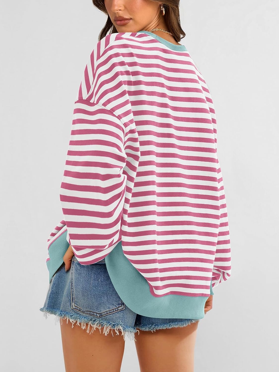 image:imagePRETTYGARDEN Womens Striped Oversized Sweatshirt Lightweight Fall Clothes Stitching Crew Neck Sweatshirts Women Long Sleeve Casual Loose Pullover Top Color Block Y2K Outfits Fashion ClothingPink White