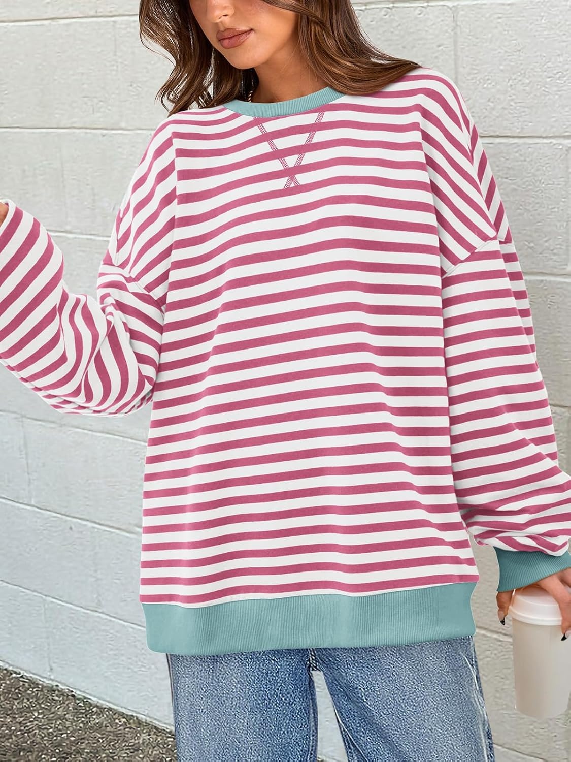 image:imagePRETTYGARDEN Womens Striped Oversized Sweatshirt Lightweight Fall Clothes Stitching Crew Neck Sweatshirts Women Long Sleeve Casual Loose Pullover Top Color Block Y2K Outfits Fashion ClothingPink White