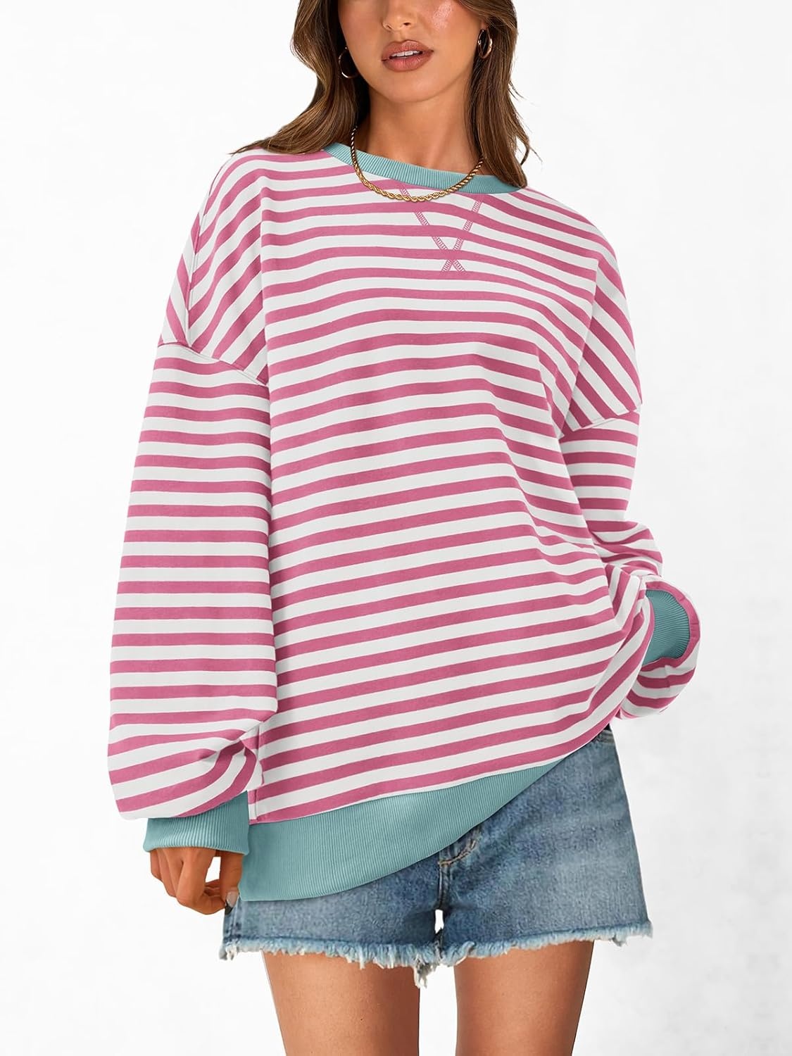 image:imagePRETTYGARDEN Womens Striped Oversized Sweatshirt Lightweight Fall Clothes Stitching Crew Neck Sweatshirts Women Long Sleeve Casual Loose Pullover Top Color Block Y2K Outfits Fashion ClothingPink White