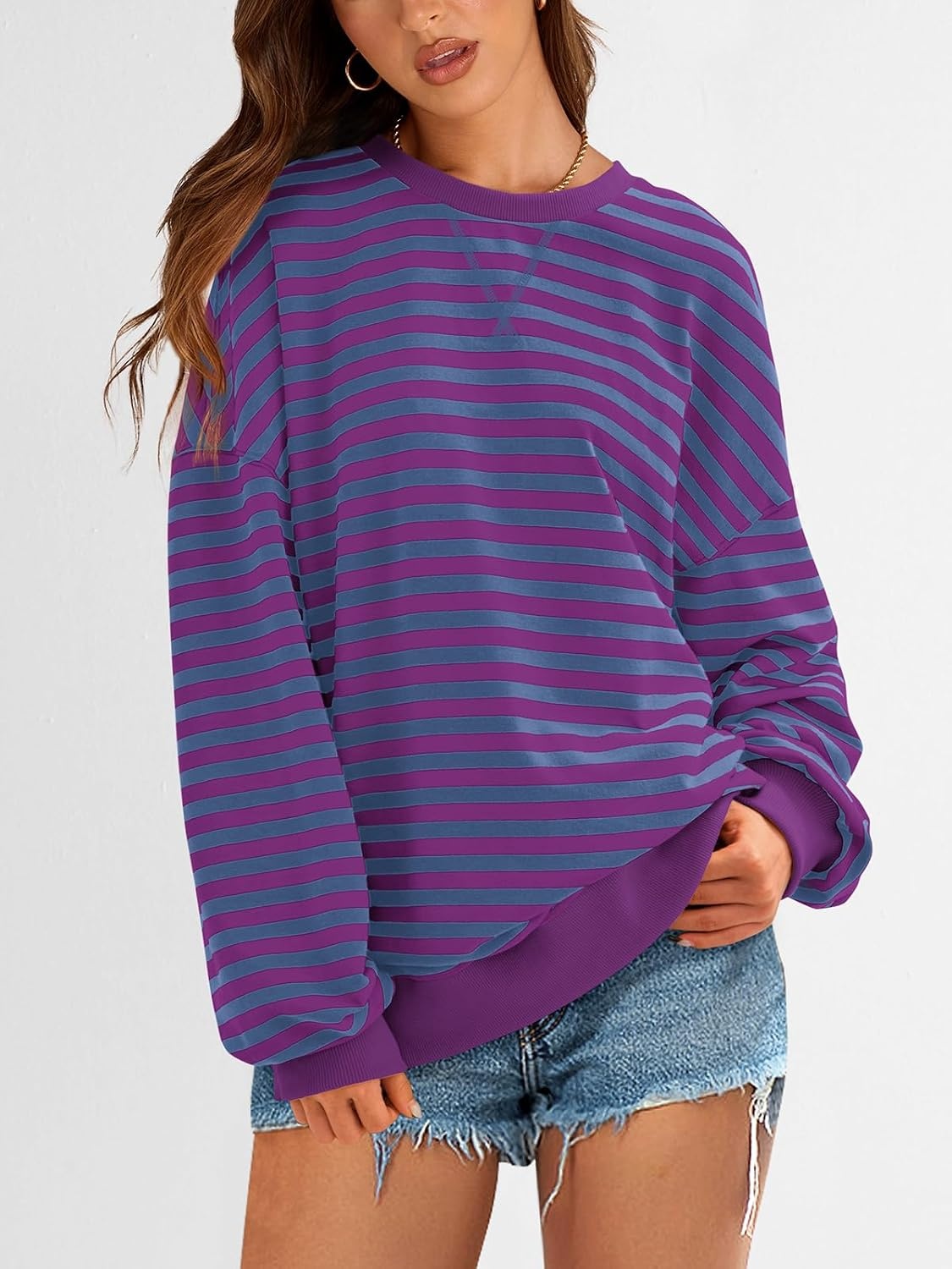 image:imagePRETTYGARDEN Womens Striped Oversized Sweatshirt Lightweight Fall Clothes Stitching Crew Neck Sweatshirts Women Long Sleeve Casual Loose Pullover Top Color Block Y2K Outfits Fashion ClothingBlue Purple
