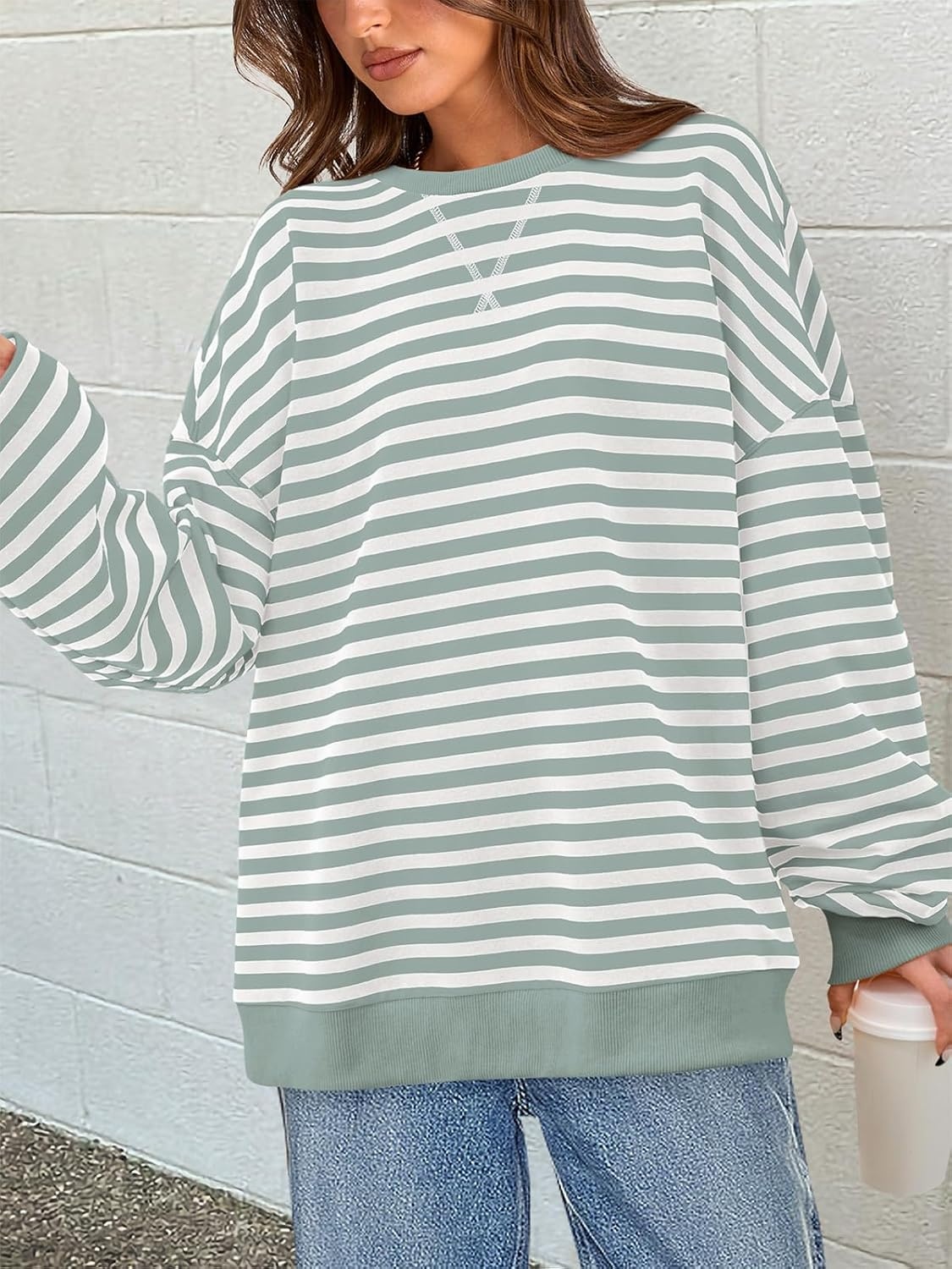 image:imagePRETTYGARDEN Womens Striped Oversized Sweatshirt Lightweight Fall Clothes Stitching Crew Neck Sweatshirts Women Long Sleeve Casual Loose Pullover Top Color Block Y2K Outfits Fashion ClothingLight Green White