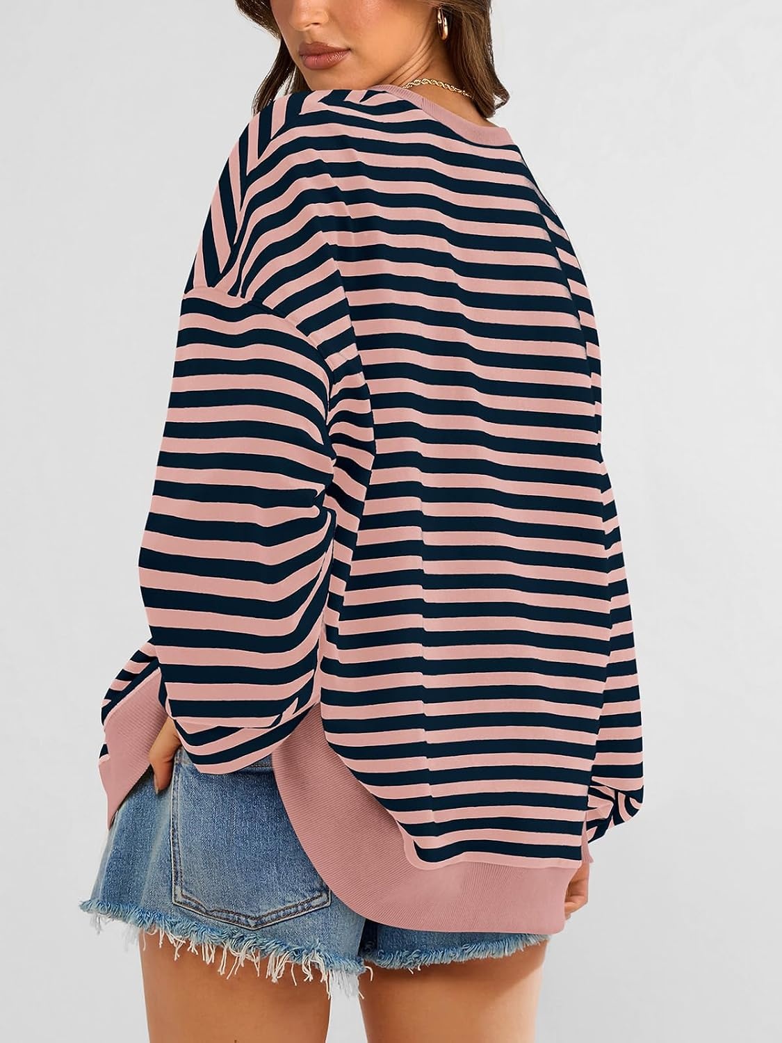 image:imagePRETTYGARDEN Womens Striped Oversized Sweatshirt Lightweight Fall Clothes Stitching Crew Neck Sweatshirts Women Long Sleeve Casual Loose Pullover Top Color Block Y2K Outfits Fashion ClothingPink Navy