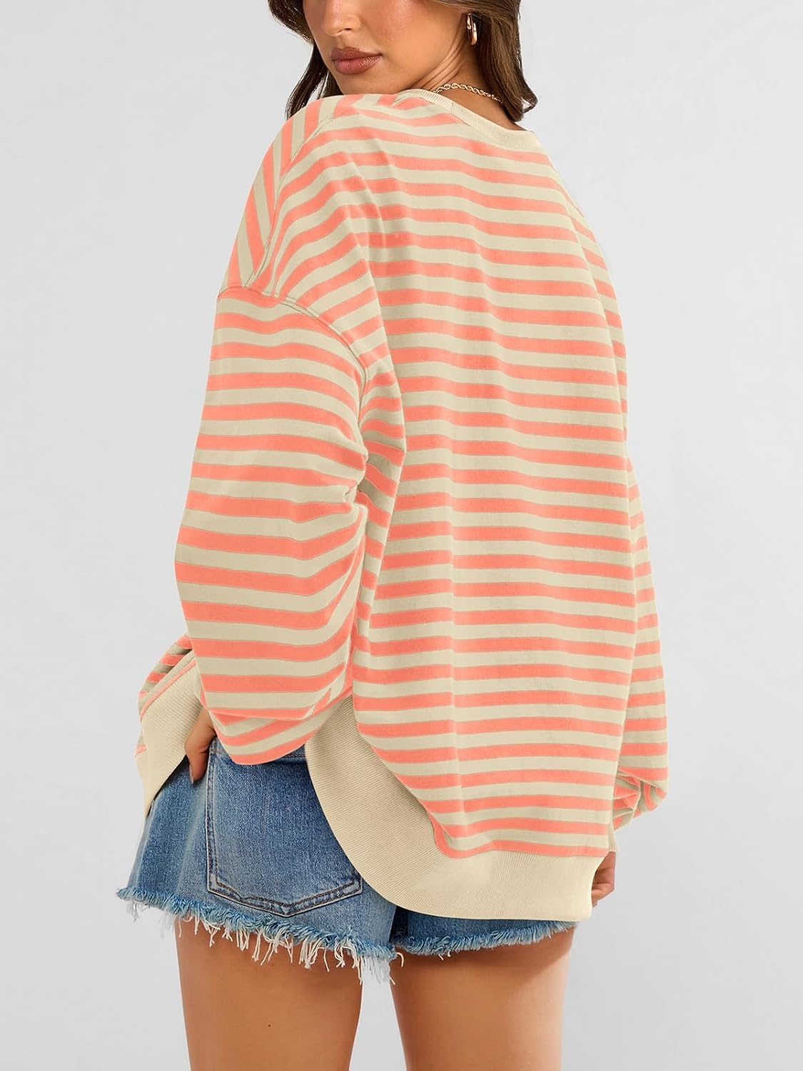 image:imagePRETTYGARDEN Womens Striped Oversized Sweatshirt Lightweight Fall Clothes Stitching Crew Neck Sweatshirts Women Long Sleeve Casual Loose Pullover Top Color Block Y2K Outfits Fashion ClothingApricot Orange
