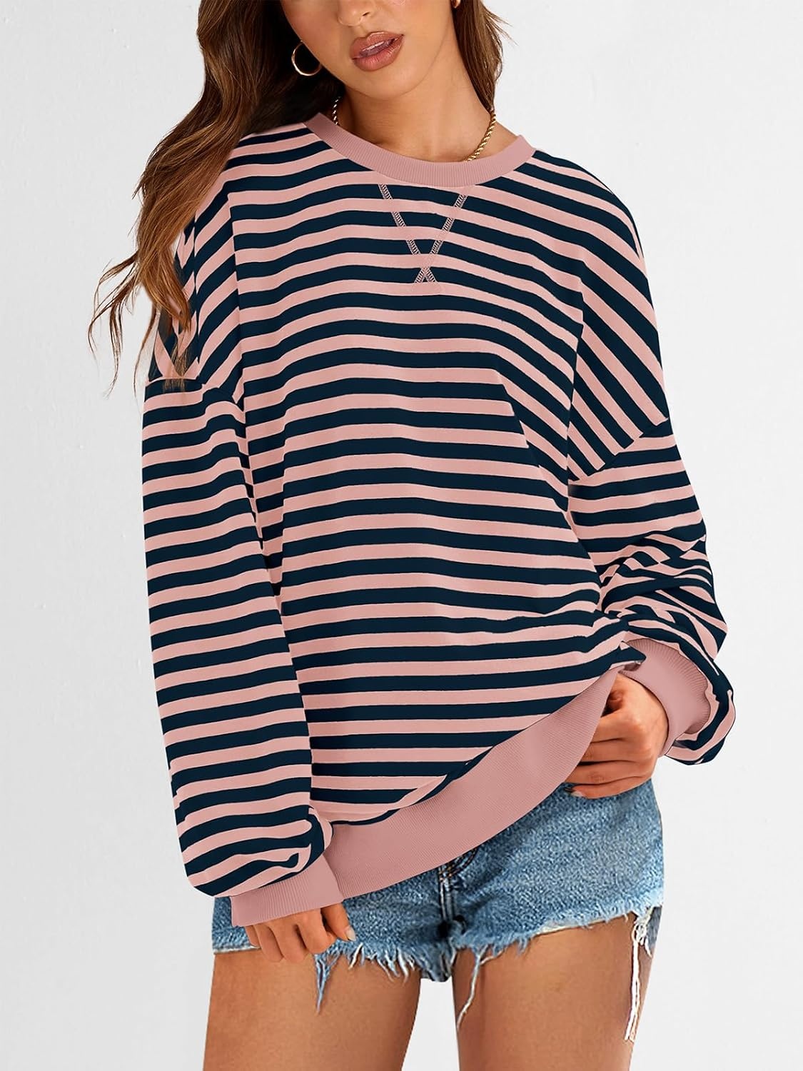 image:imagePRETTYGARDEN Womens Striped Oversized Sweatshirt Lightweight Fall Clothes Stitching Crew Neck Sweatshirts Women Long Sleeve Casual Loose Pullover Top Color Block Y2K Outfits Fashion ClothingPink Navy