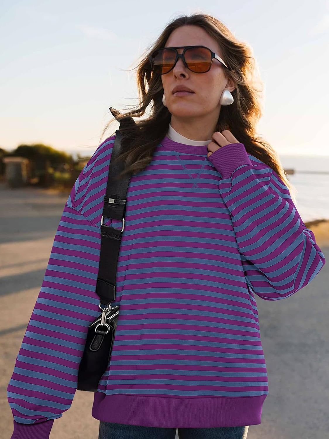 image:imagePRETTYGARDEN Womens Striped Oversized Sweatshirt Lightweight Fall Clothes Stitching Crew Neck Sweatshirts Women Long Sleeve Casual Loose Pullover Top Color Block Y2K Outfits Fashion ClothingBlue Purple