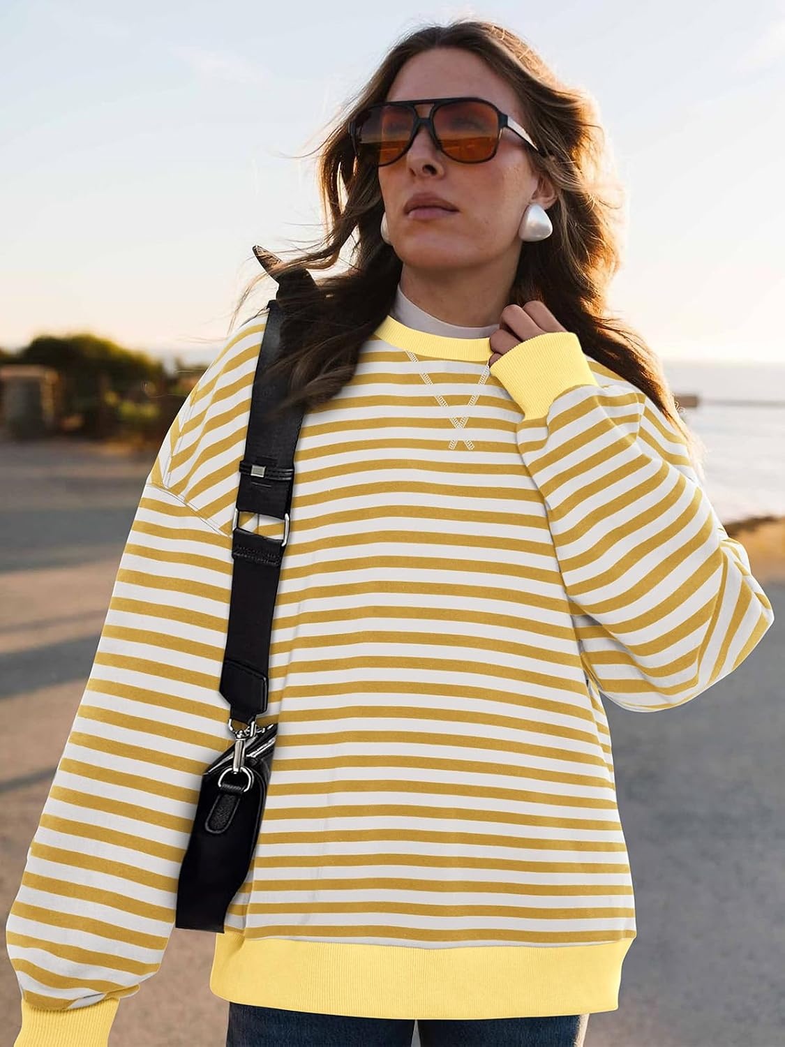 image:imagePRETTYGARDEN Womens Striped Oversized Sweatshirt Lightweight Fall Clothes Stitching Crew Neck Sweatshirts Women Long Sleeve Casual Loose Pullover Top Color Block Y2K Outfits Fashion ClothingYellow White