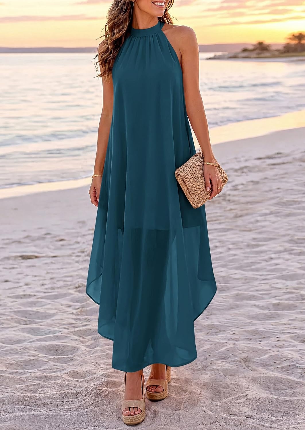 image:imagePRETTYGARDEN Womens Summer Wedding Guest Halter Maxi Dresses Long Flowy Asymmetrical Sundress Elegant Evening Dinner Party Dress Pockets Beach Vacation Outfits Spring Resort WearLake Blue