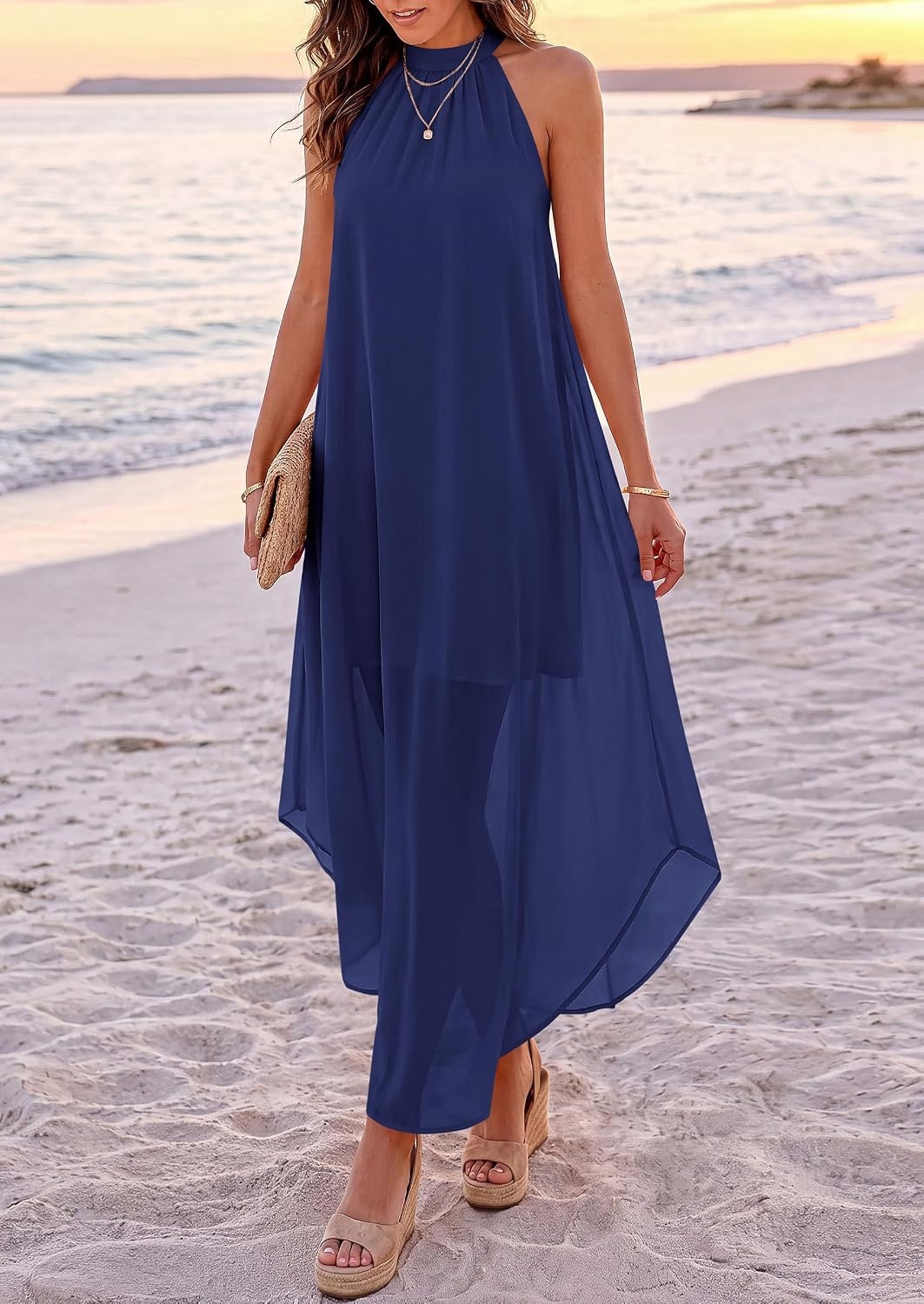 image:imagePRETTYGARDEN Womens Summer Wedding Guest Halter Maxi Dresses Long Flowy Asymmetrical Sundress Elegant Evening Dinner Party Dress Pockets Beach Vacation Outfits Spring Resort WearDark Blue