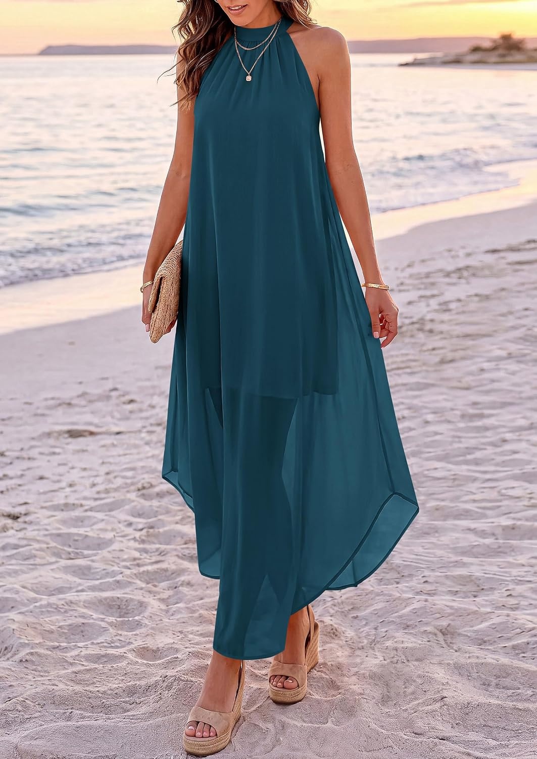image:imagePRETTYGARDEN Womens Summer Wedding Guest Halter Maxi Dresses Long Flowy Asymmetrical Sundress Elegant Evening Dinner Party Dress Pockets Beach Vacation Outfits Spring Resort WearLake Blue