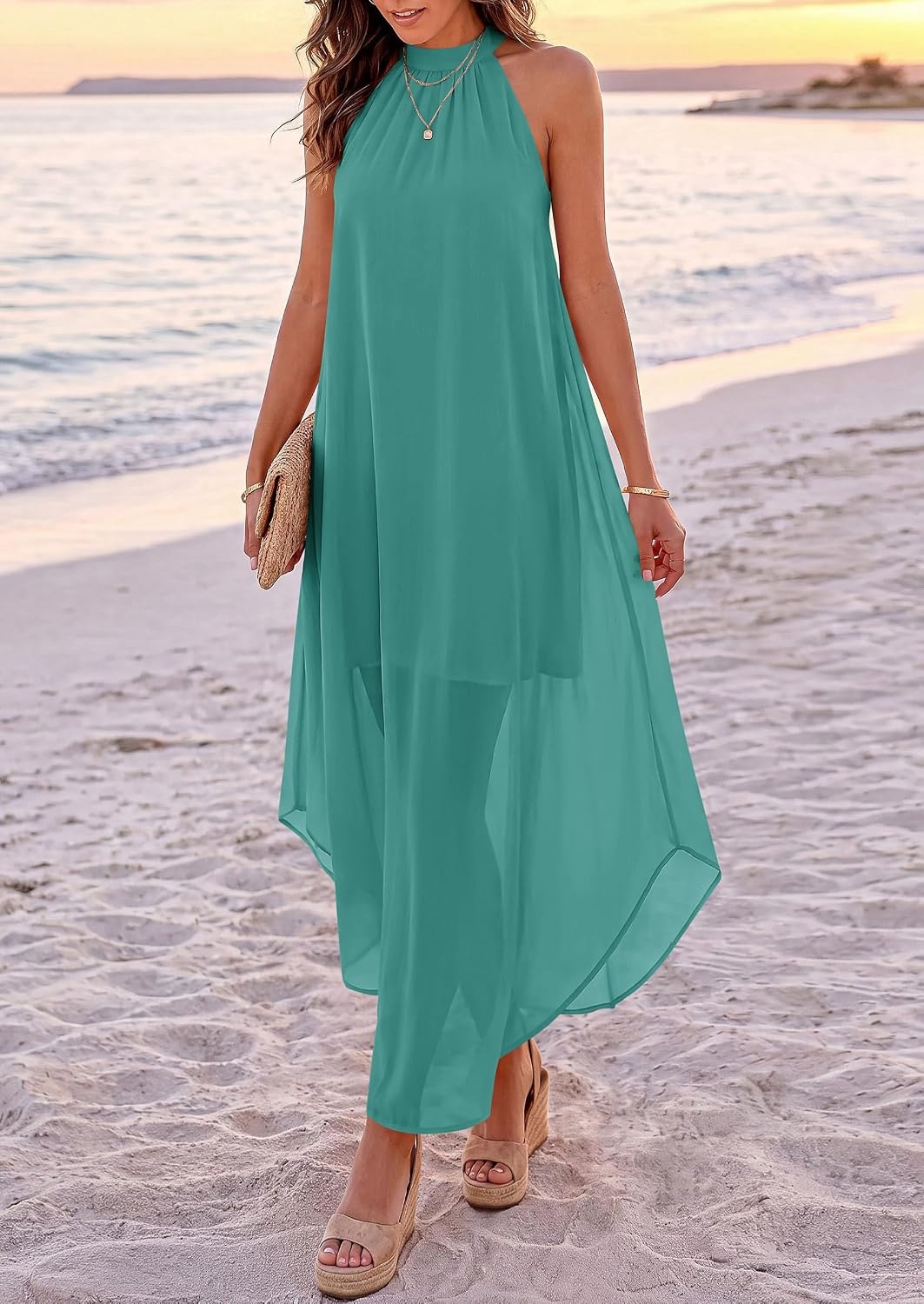 image:imagePRETTYGARDEN Womens Summer Wedding Guest Halter Maxi Dresses Long Flowy Asymmetrical Sundress Elegant Evening Dinner Party Dress Pockets Beach Vacation Outfits Spring Resort WearCyan Blue