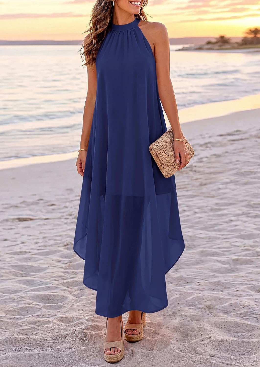 image:imagePRETTYGARDEN Womens Summer Wedding Guest Halter Maxi Dresses Long Flowy Asymmetrical Sundress Elegant Evening Dinner Party Dress Pockets Beach Vacation Outfits Spring Resort WearDark Blue