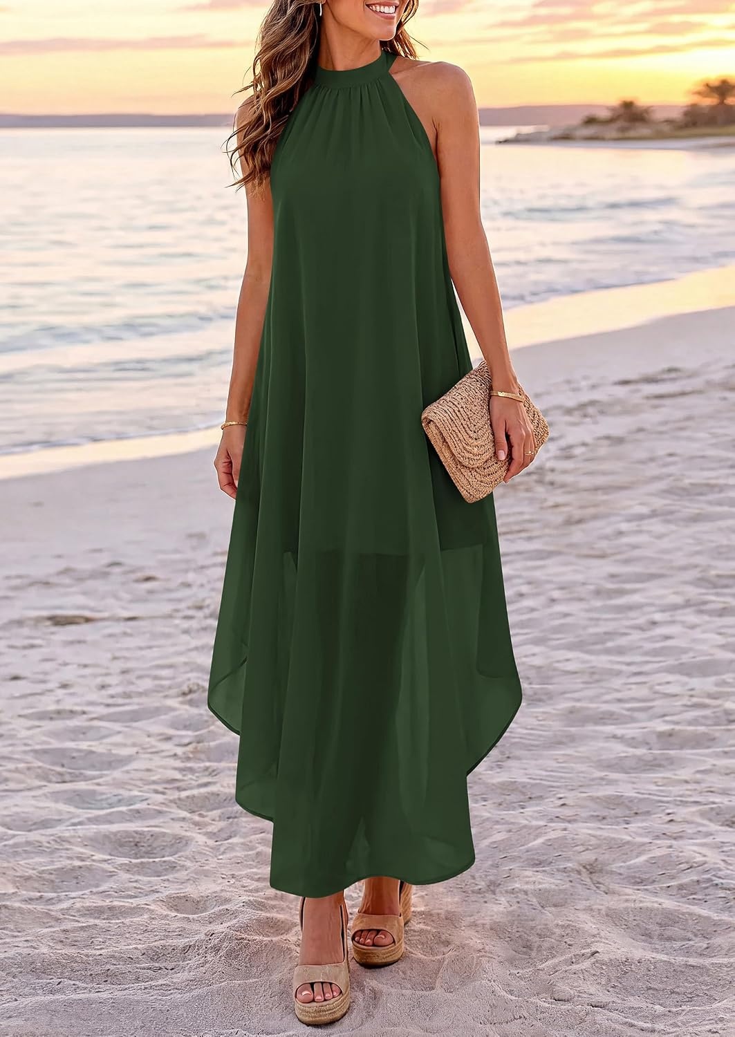 image:imagePRETTYGARDEN Womens Summer Wedding Guest Halter Maxi Dresses Long Flowy Asymmetrical Sundress Elegant Evening Dinner Party Dress Pockets Beach Vacation Outfits Spring Resort WearArmy Green