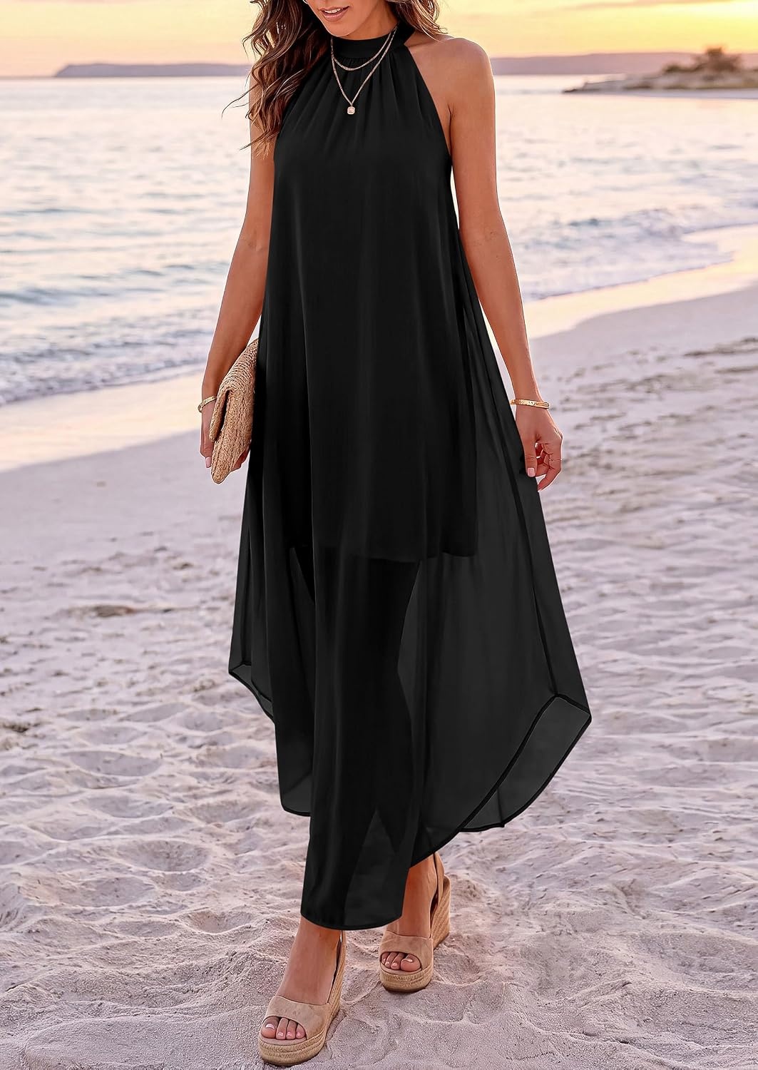 image:imagePRETTYGARDEN Womens Summer Wedding Guest Halter Maxi Dresses Long Flowy Asymmetrical Sundress Elegant Evening Dinner Party Dress Pockets Beach Vacation Outfits Spring Resort WearBlack