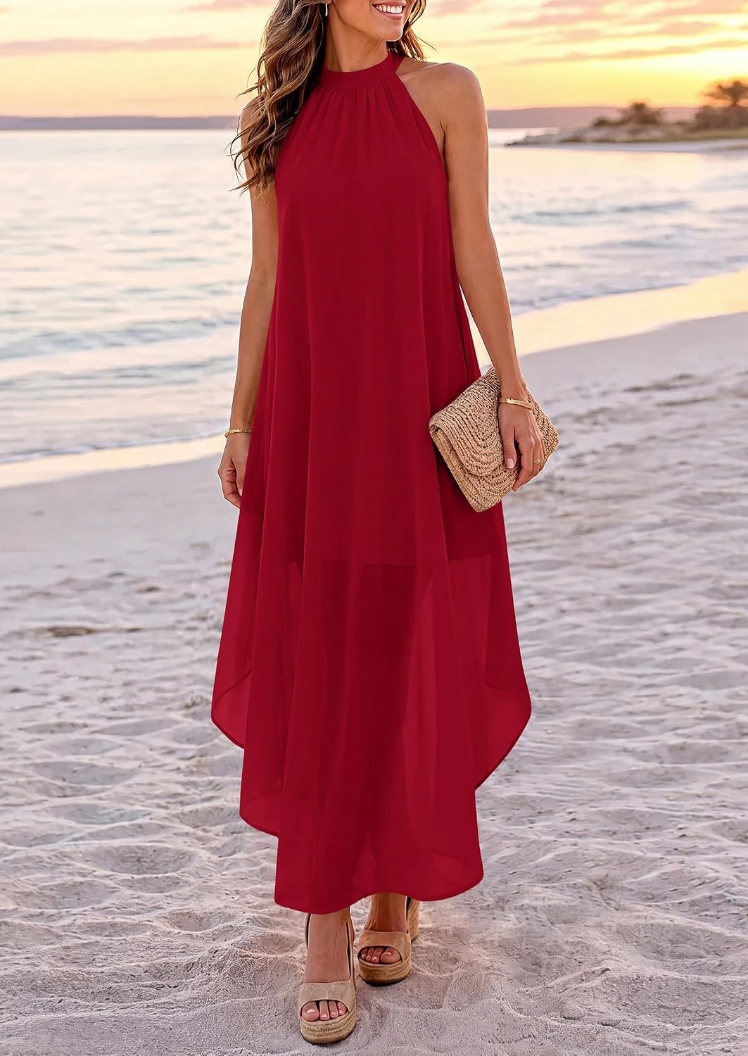 image:imagePRETTYGARDEN Womens Summer Wedding Guest Halter Maxi Dresses Long Flowy Asymmetrical Sundress Elegant Evening Dinner Party Dress Pockets Beach Vacation Outfits Spring Resort WearRed