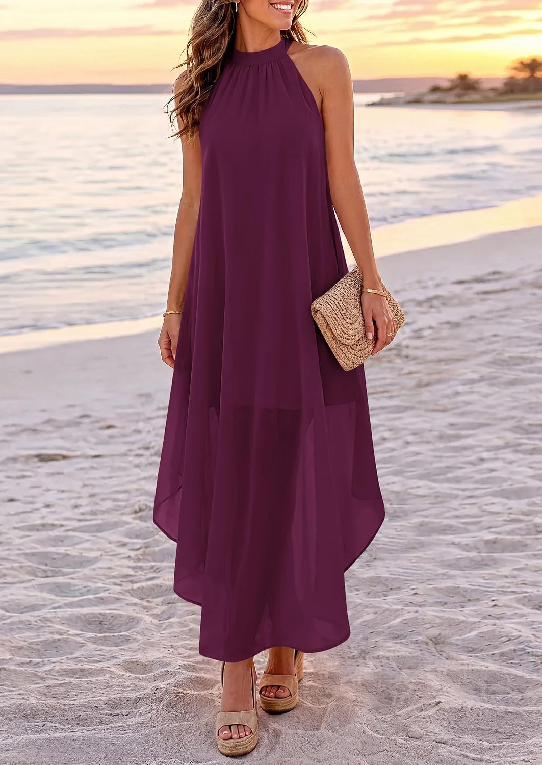 image:imagePRETTYGARDEN Womens Summer Wedding Guest Halter Maxi Dresses Long Flowy Asymmetrical Sundress Elegant Evening Dinner Party Dress Pockets Beach Vacation Outfits Spring Resort WearBurgundy