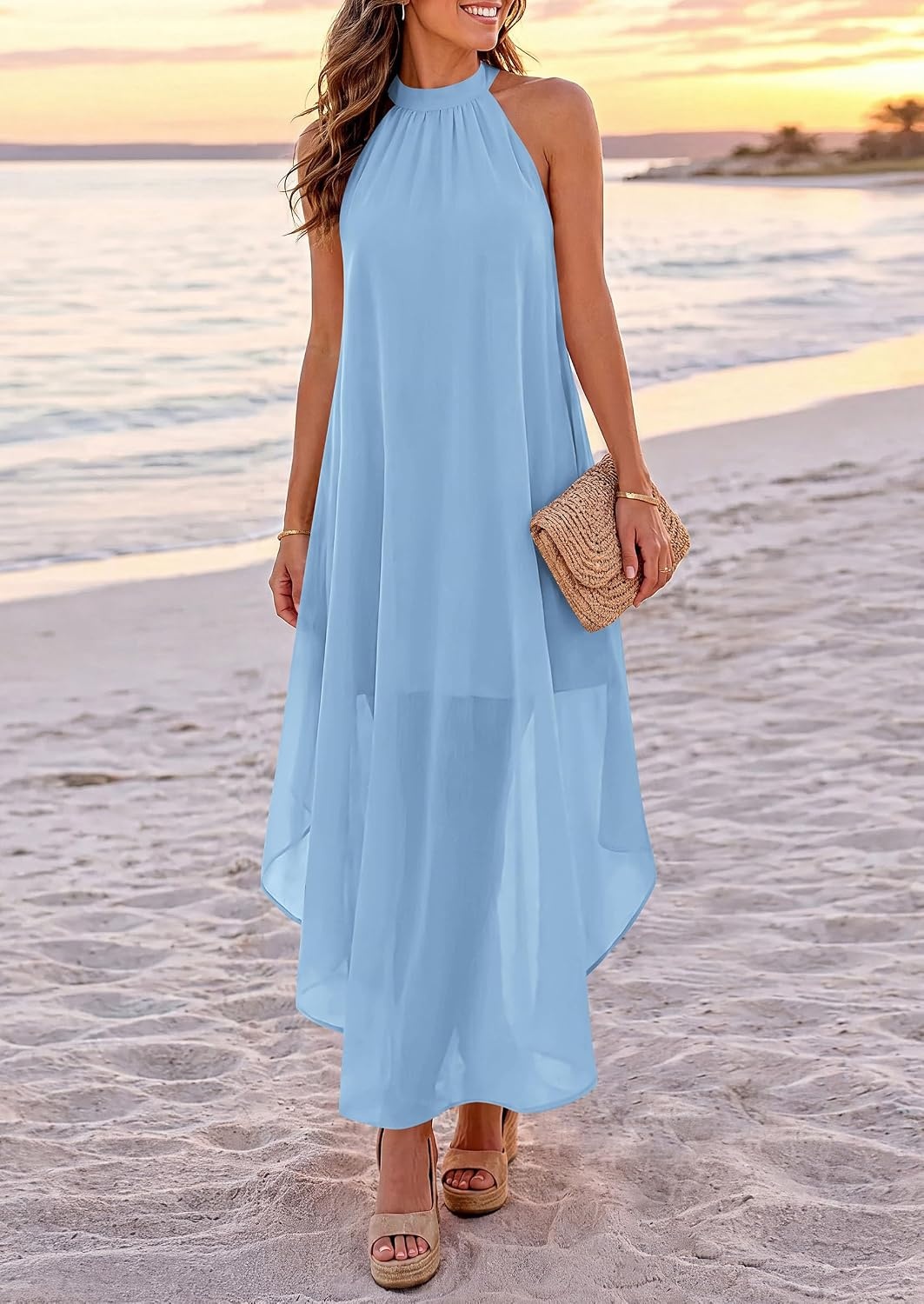 image:imagePRETTYGARDEN Womens Summer Wedding Guest Halter Maxi Dresses Long Flowy Asymmetrical Sundress Elegant Evening Dinner Party Dress Pockets Beach Vacation Outfits Spring Resort WearLight Blue