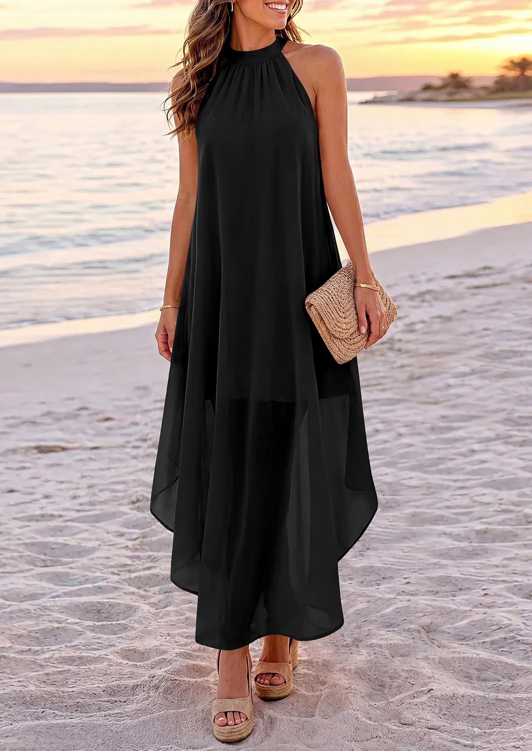 image:imagePRETTYGARDEN Womens Summer Wedding Guest Halter Maxi Dresses Long Flowy Asymmetrical Sundress Elegant Evening Dinner Party Dress Pockets Beach Vacation Outfits Spring Resort WearBlack