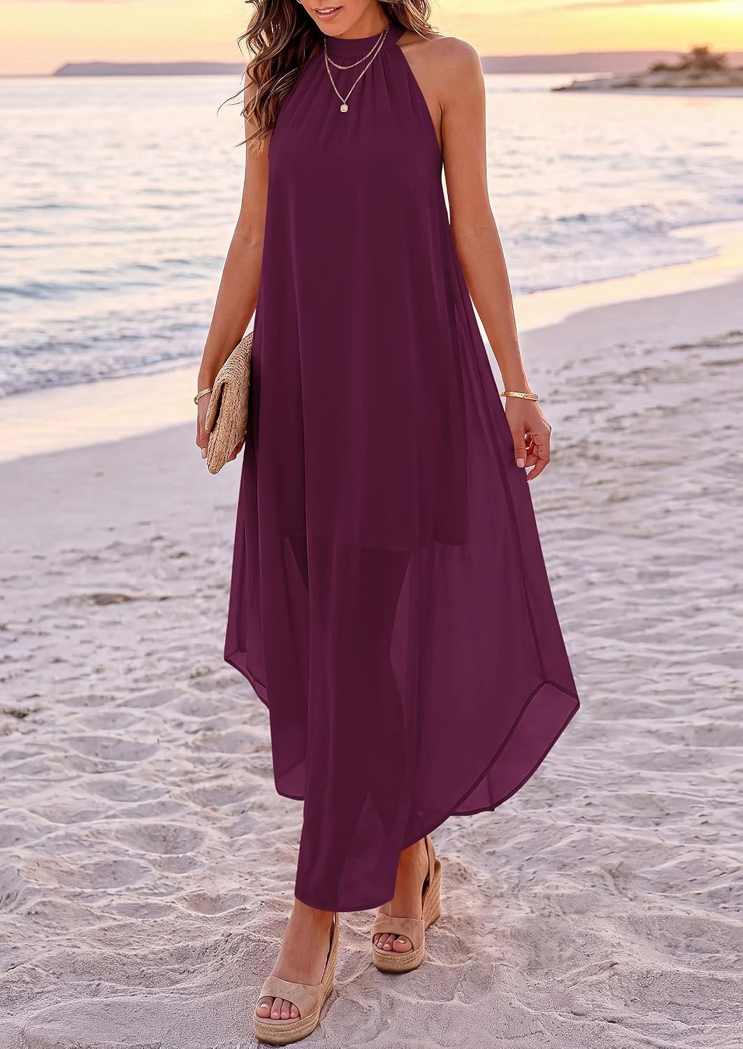 image:imagePRETTYGARDEN Womens Summer Wedding Guest Halter Maxi Dresses Long Flowy Asymmetrical Sundress Elegant Evening Dinner Party Dress Pockets Beach Vacation Outfits Spring Resort WearBurgundy