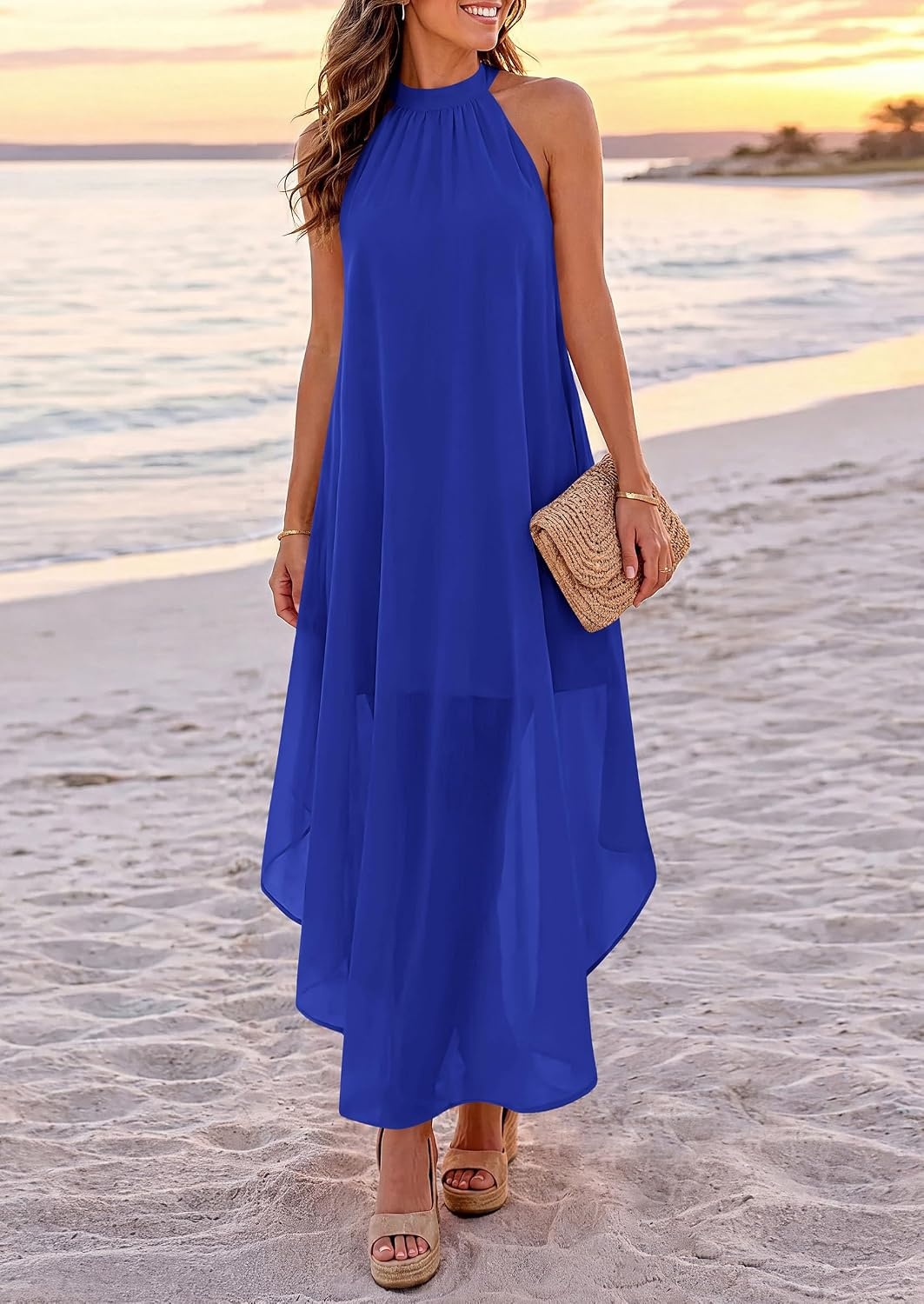 image:imagePRETTYGARDEN Womens Summer Wedding Guest Halter Maxi Dresses Long Flowy Asymmetrical Sundress Elegant Evening Dinner Party Dress Pockets Beach Vacation Outfits Spring Resort WearBlue