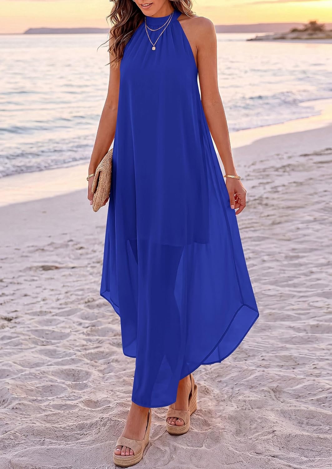 image:imagePRETTYGARDEN Womens Summer Wedding Guest Halter Maxi Dresses Long Flowy Asymmetrical Sundress Elegant Evening Dinner Party Dress Pockets Beach Vacation Outfits Spring Resort WearBlue