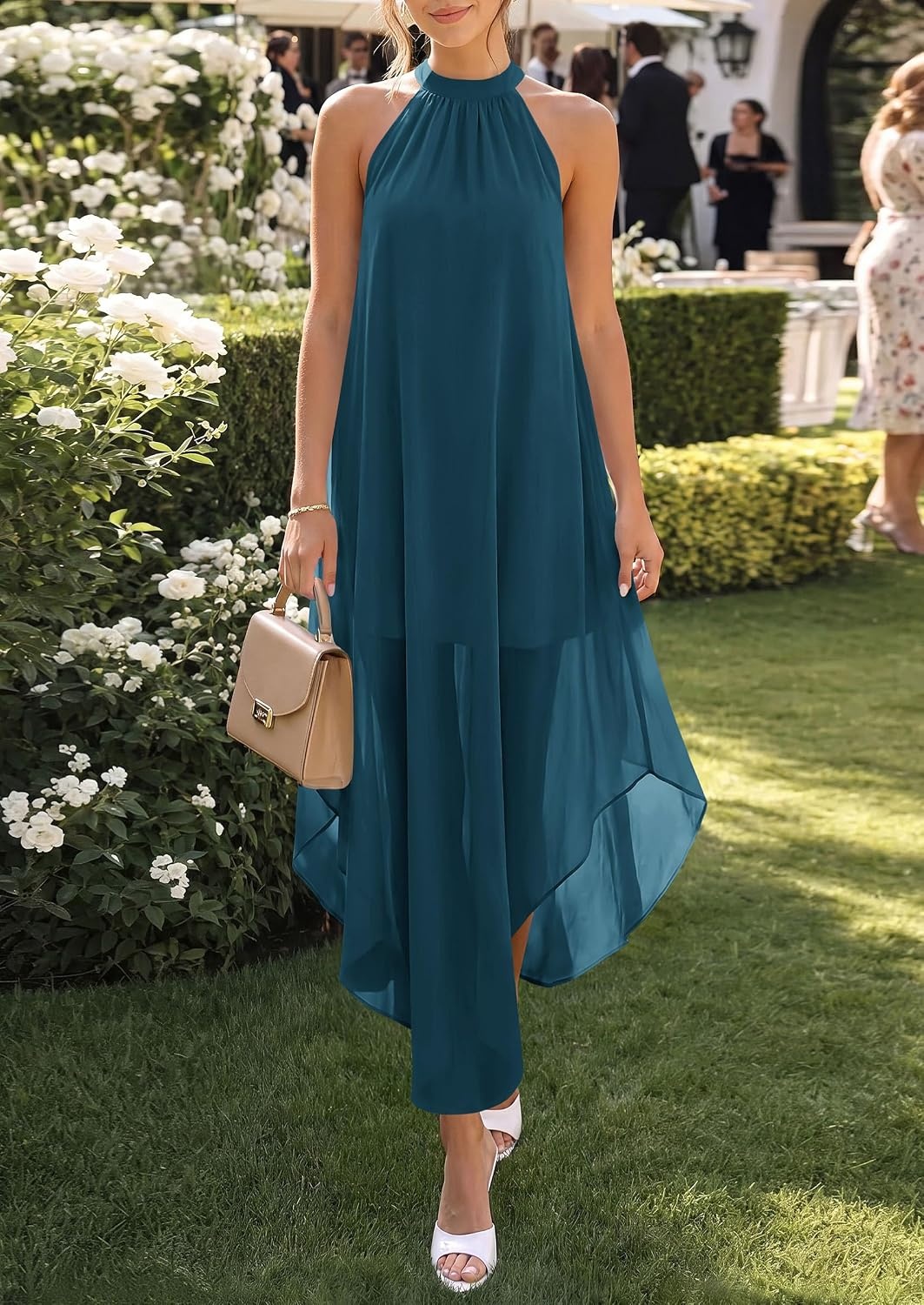 image:imagePRETTYGARDEN Womens Summer Wedding Guest Halter Maxi Dresses Long Flowy Asymmetrical Sundress Elegant Evening Dinner Party Dress Pockets Beach Vacation Outfits Spring Resort WearLake Blue