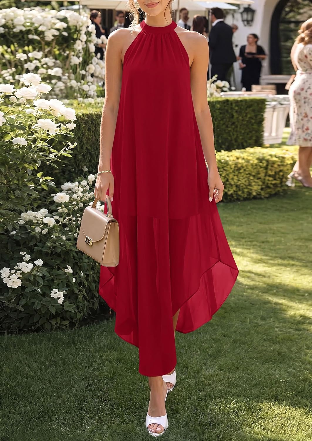 image:imagePRETTYGARDEN Womens Summer Wedding Guest Halter Maxi Dresses Long Flowy Asymmetrical Sundress Elegant Evening Dinner Party Dress Pockets Beach Vacation Outfits Spring Resort WearRed