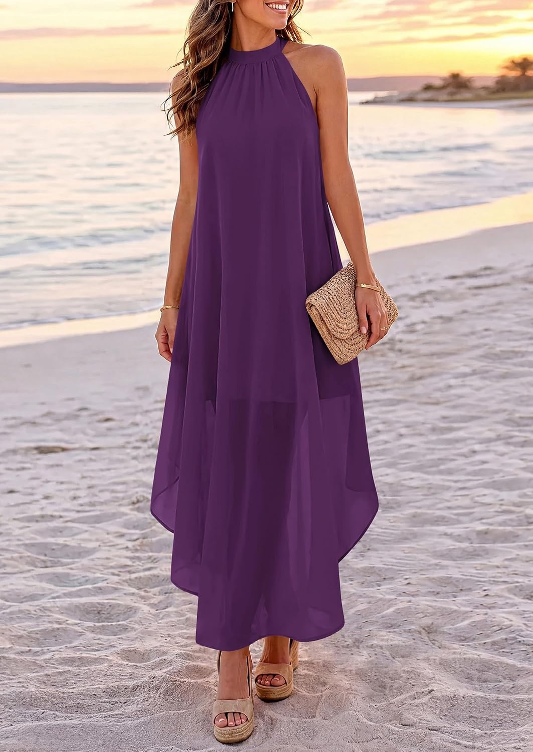 image:imagePRETTYGARDEN Womens Summer Wedding Guest Halter Maxi Dresses Long Flowy Asymmetrical Sundress Elegant Evening Dinner Party Dress Pockets Beach Vacation Outfits Spring Resort WearPurple