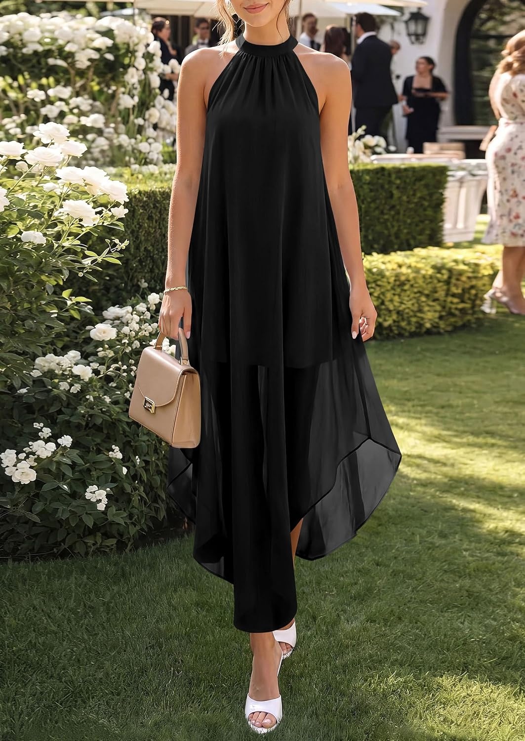 image:imagePRETTYGARDEN Womens Summer Wedding Guest Halter Maxi Dresses Long Flowy Asymmetrical Sundress Elegant Evening Dinner Party Dress Pockets Beach Vacation Outfits Spring Resort WearBlack